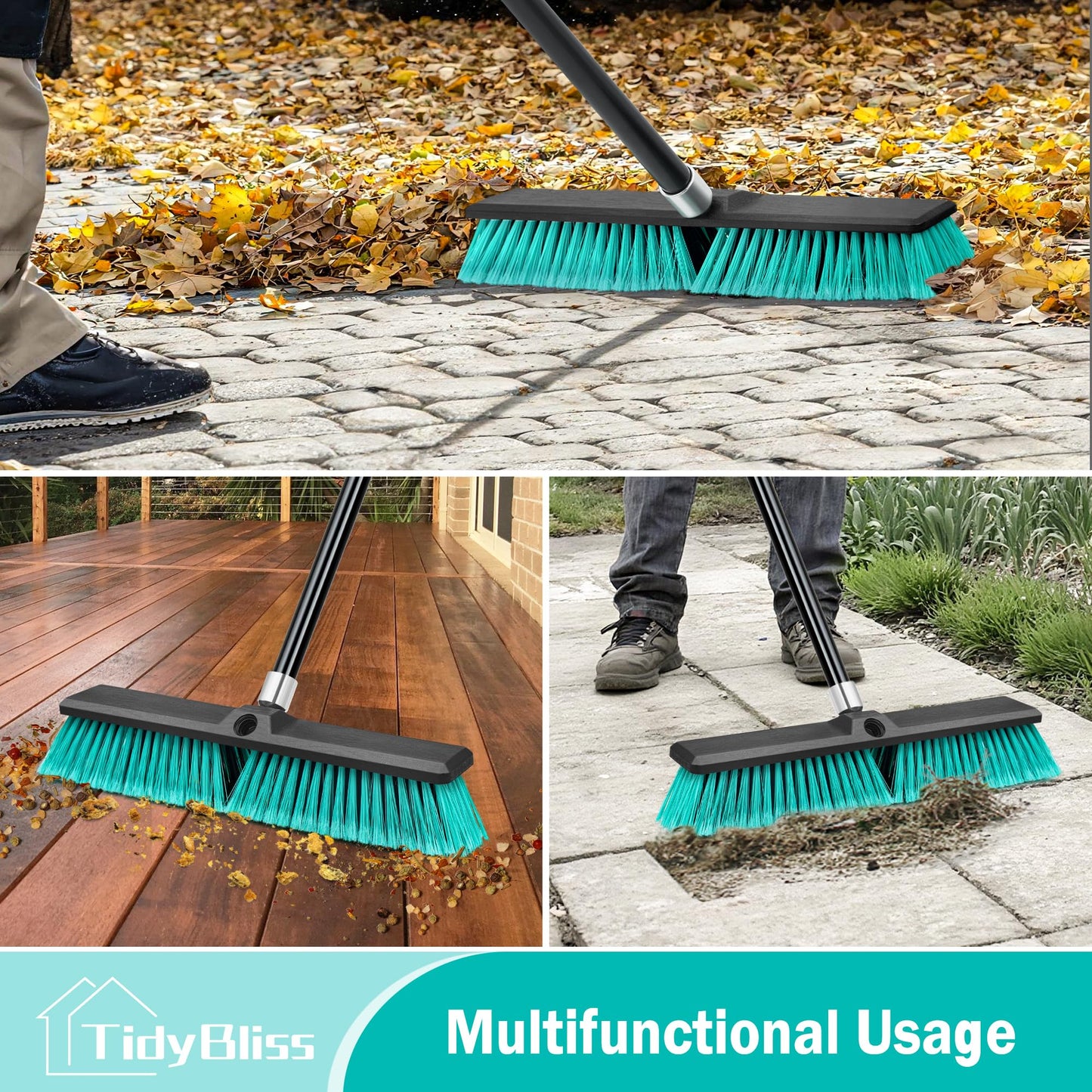 TidyBliss 18” Push Broom Outdoor Heavy Duty, Large Commercial Stiff Bristle Brush with 63 inches Long Handle for Garage Shop Garden Yard Patio Deck Street Warehouse Lawn Driveway (Green)