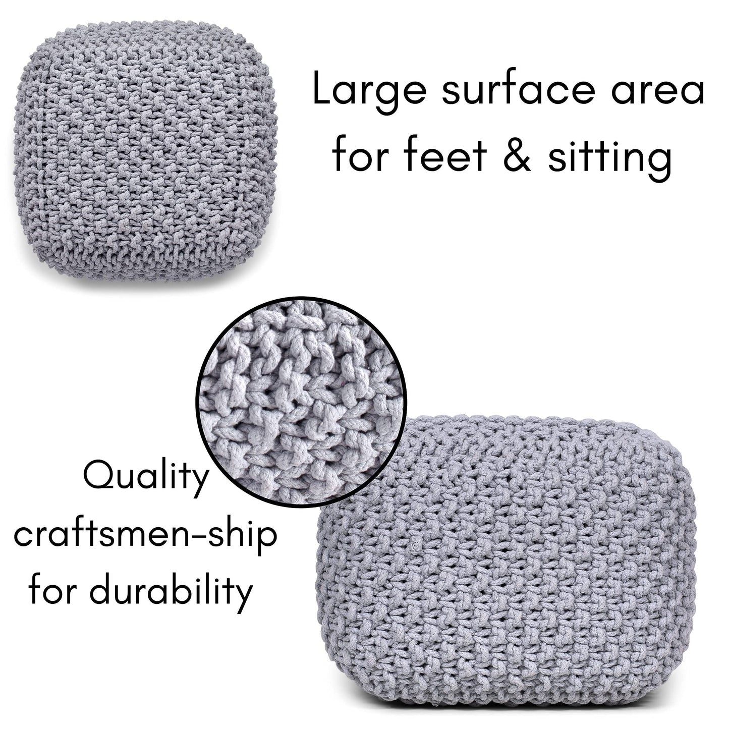 BIRDROCK HOME Square Pouf Ottoman | Cotton Braided Foot Stool with Bean Bag Filling | Boho Foot Rest for Living Room, Bedroom | Compact & Comfortable Seating, Lightweight & Sturdy | Grey