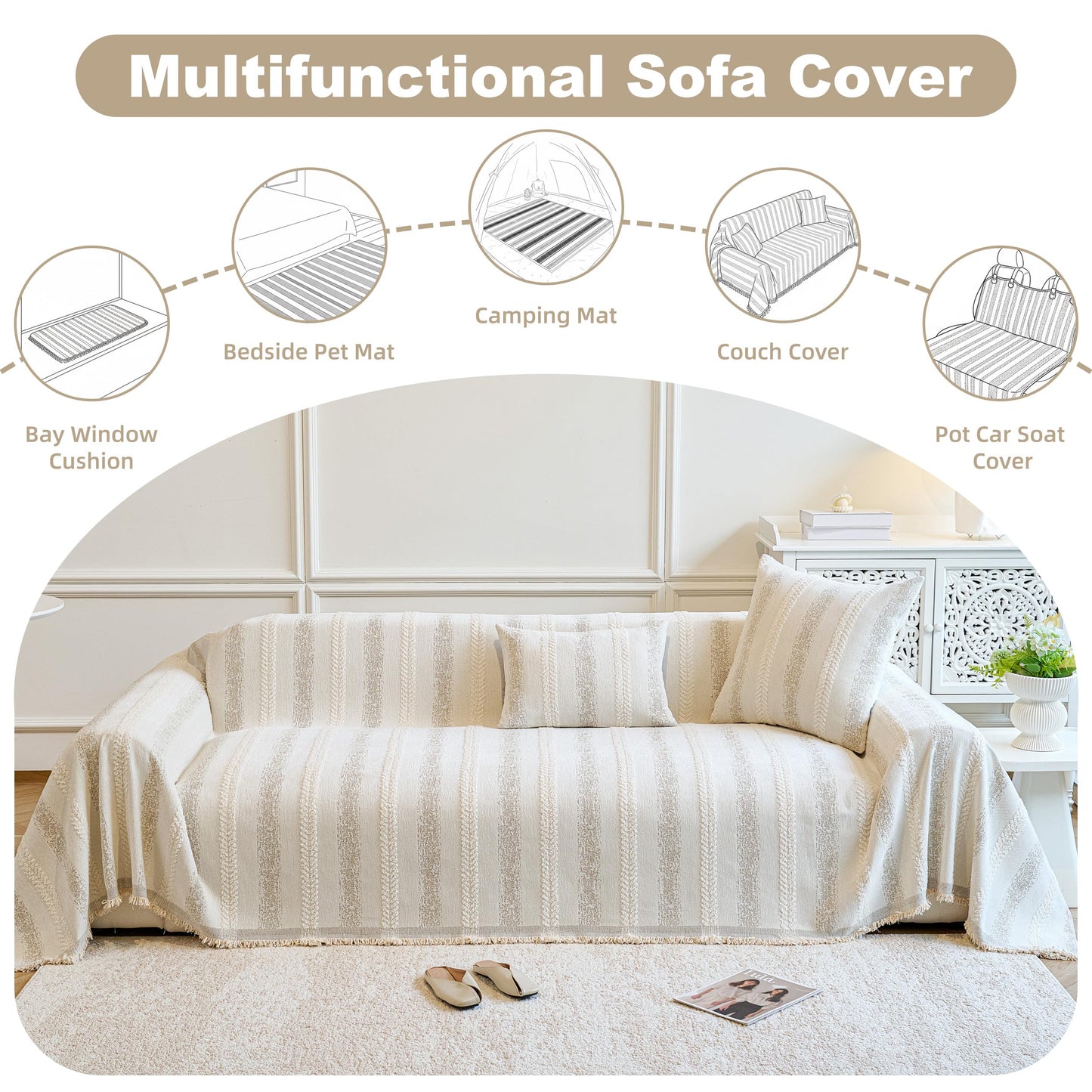 Fuyulacom Couch Cover for Dogs Washable Sofa Cover, Sectional Couch Covers, Sofa Covers for 2 Cushion Couch, Non Slip Stripe Sofa Slipcovers Furniture Protector (Beige, 71x102)