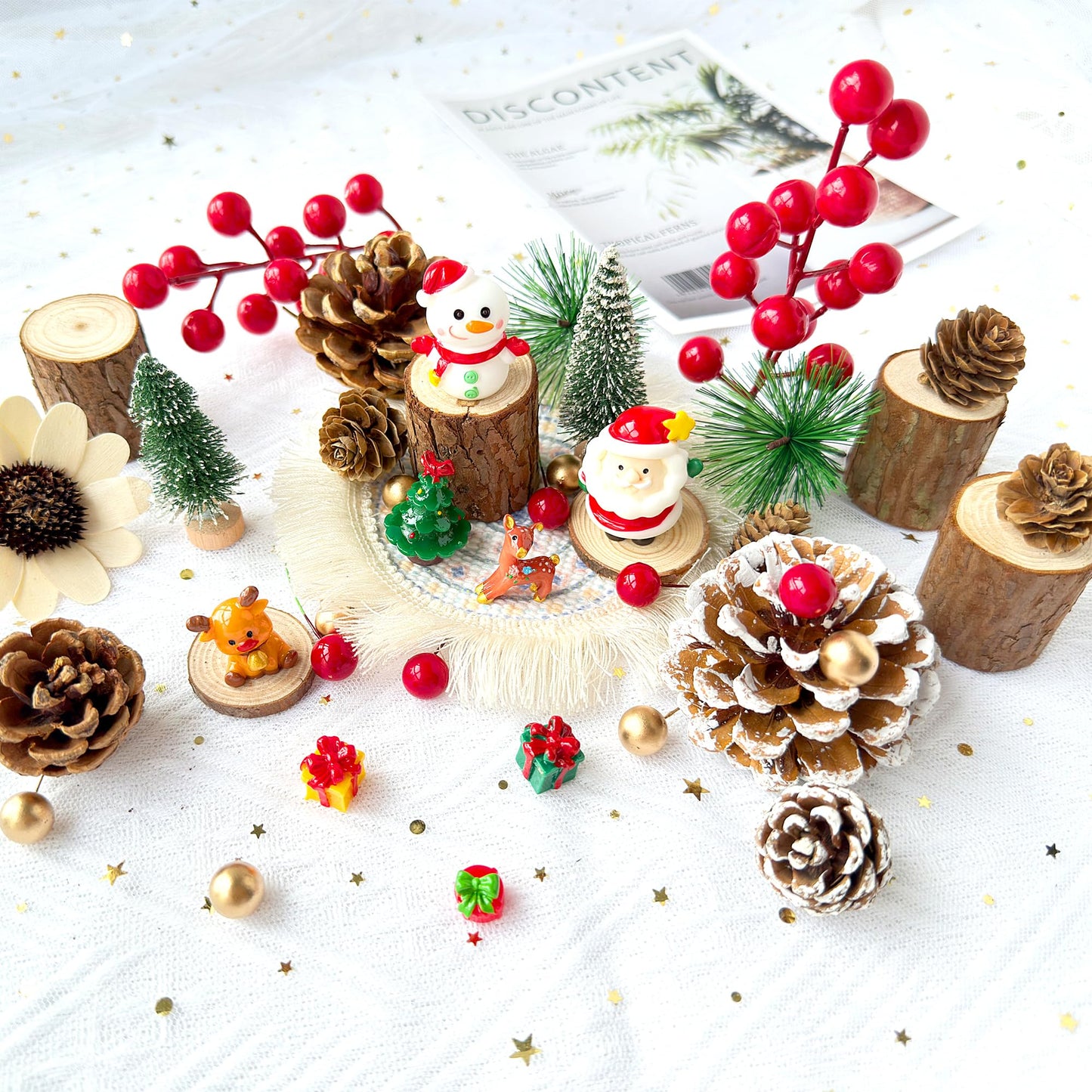 48PCS Christmas Miniature Figurines Mini Resin Christmas Ornaments Kit with Snowman Santa Claus Trees Wooden Display Stand Pine Needles Trees Cones Theme for DIY Xmas Decor Fairy Garden