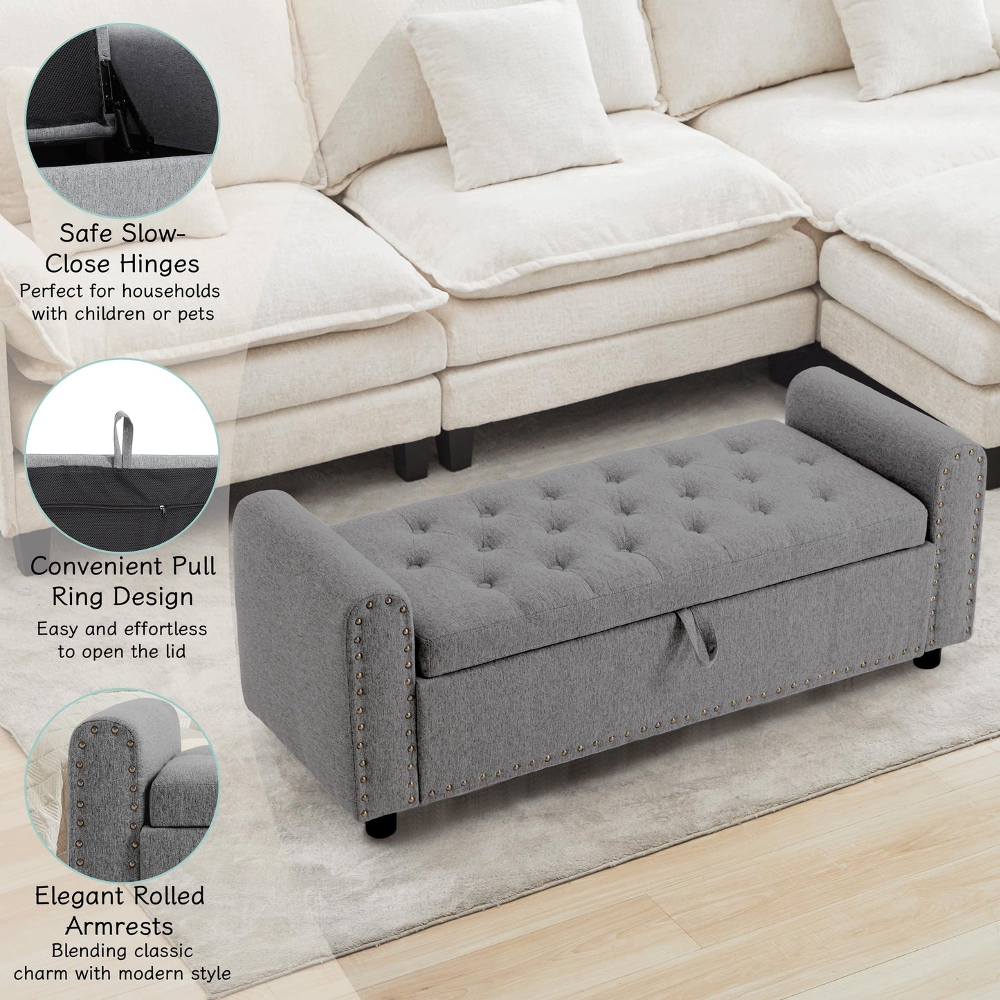 Ottoman with Storage, Tufted Storage Bench for Bedroom, 48" Fabrics End of Bed Bench, Upholstered Entryway Shoe Benches with Rolled Arm & Inner Zipper, Window Ottomans Chest with Rivets, Drak Grey