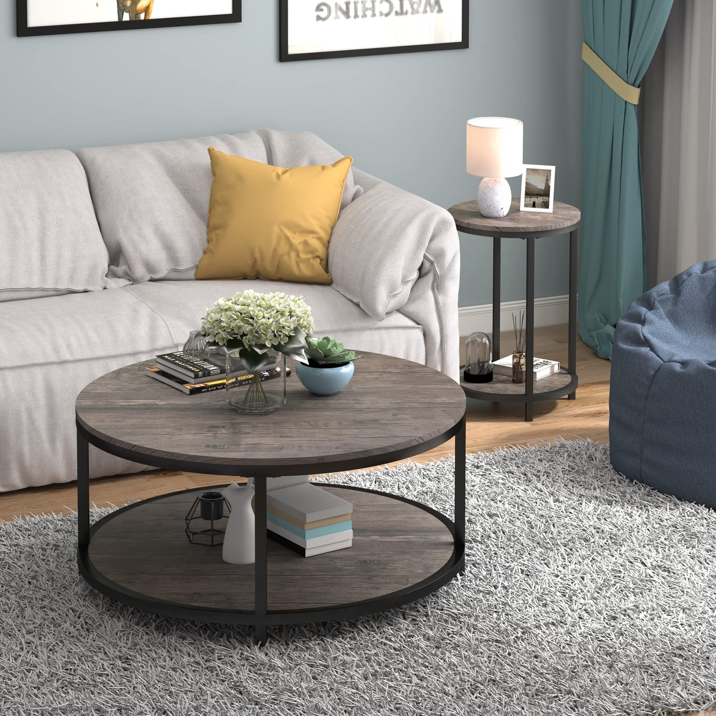 NSdirect Round Side Table,16in Rustic Wooden End Table Surface Top & Sturdy Metal Legs Nightstand for Living Room Bedroom Farmhouse Sofa Table with Storage Open Shelf,Light Walnut