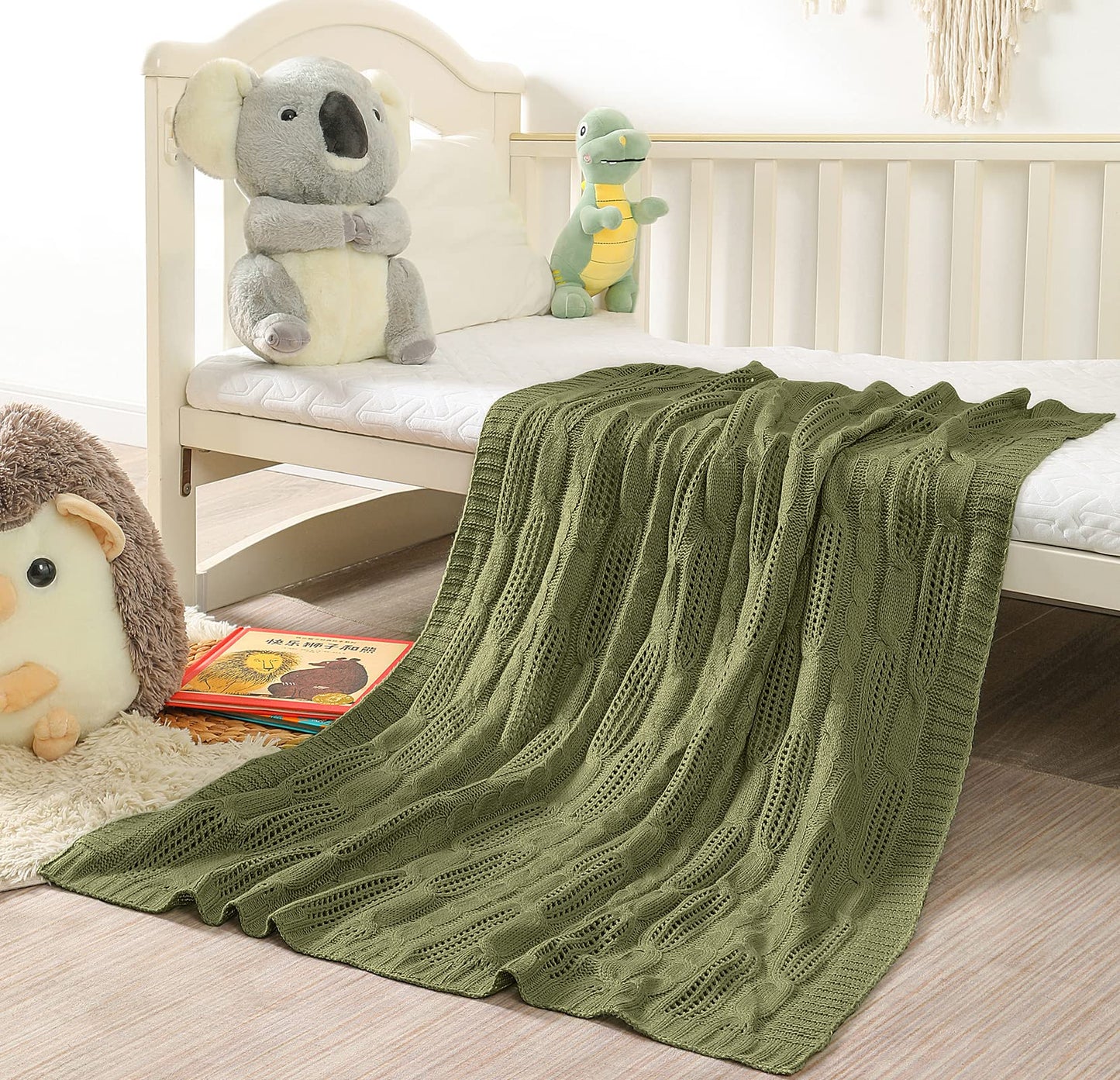 Aormenzy Cable Knit Throw Blankets 30 x 40 Inches, Soft Cozy and Lightweight Knitted Blanket, Machine Washable 100 Percent Acrylic Blanket, Decorative Throw Blanket for Couch Sofa Bed, Olive Green