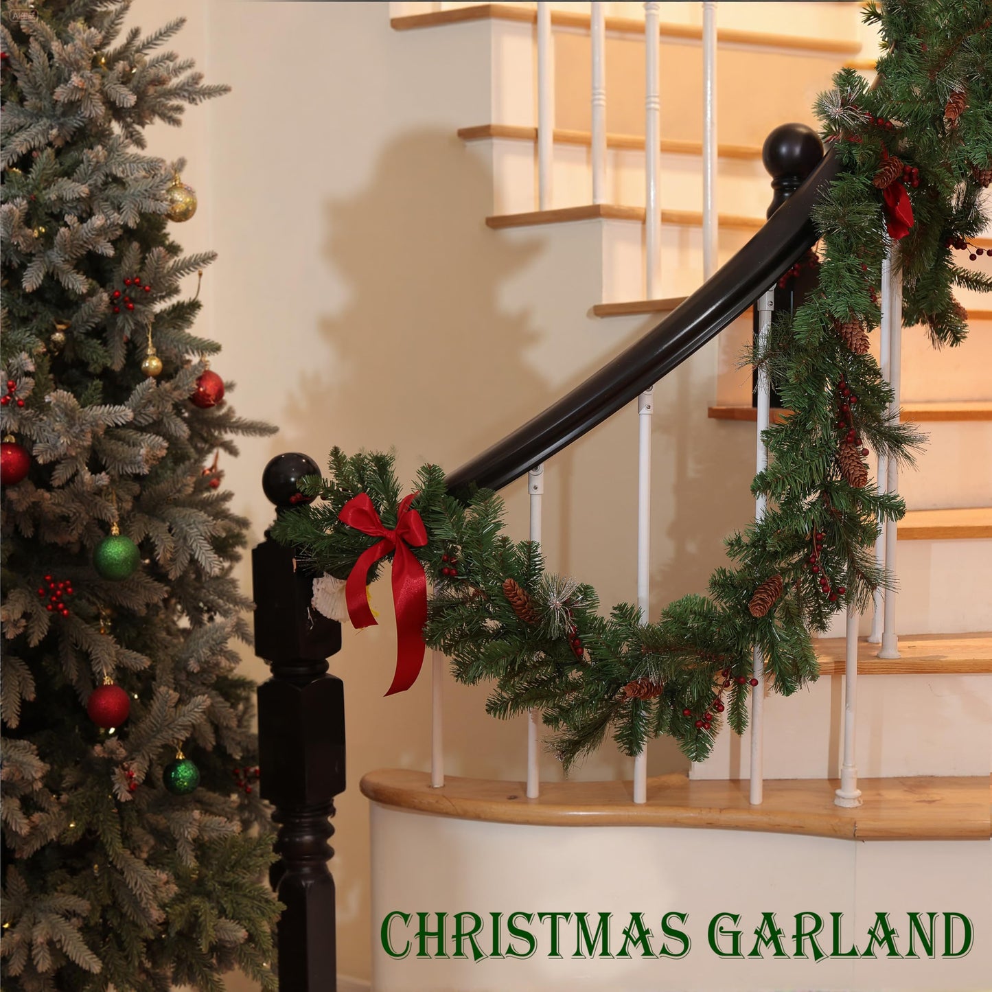 QXXQ 9 Feet Christmas Garland - Christmas Decorations - Carolina Pine Garland for Table, Fireplace, Mantle, Wall, Indoor Outdoor - Green Garland for Christmas Decorations - Free LED String Lights