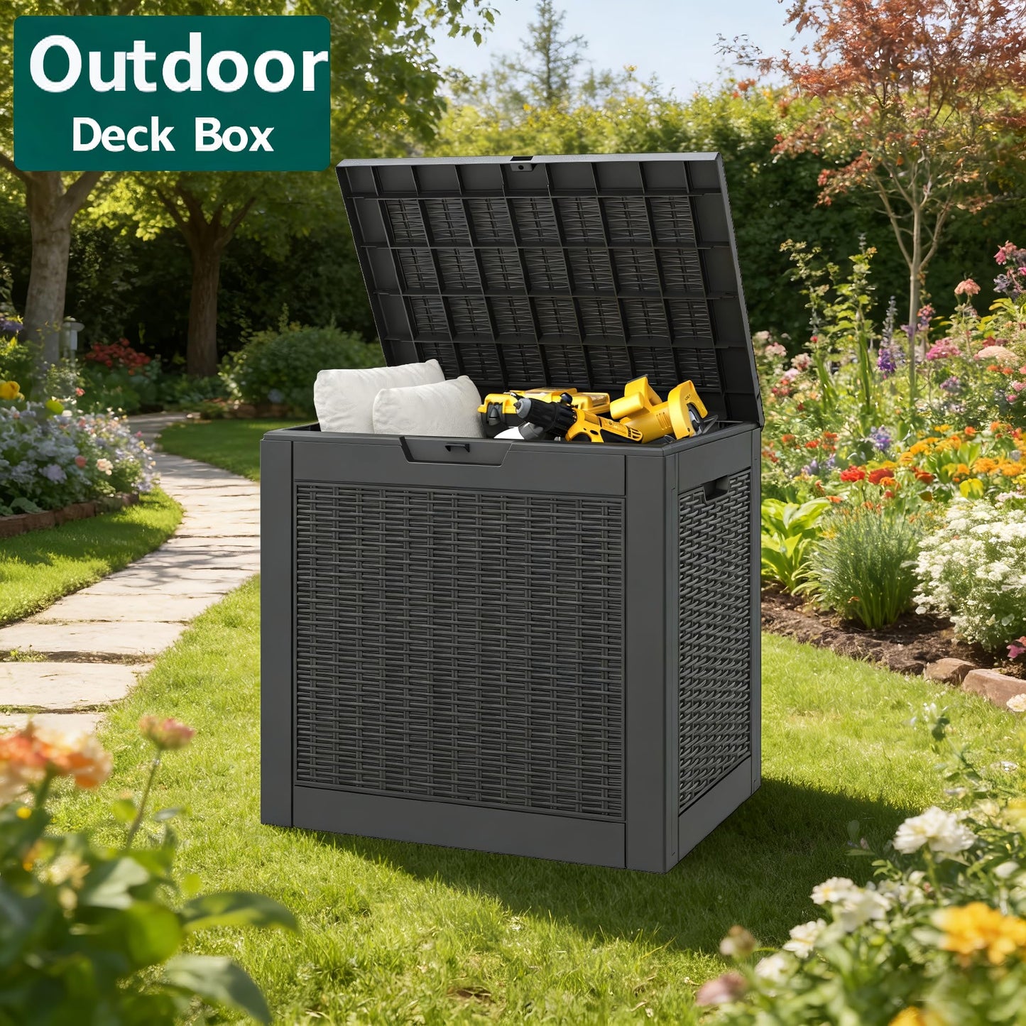 WTFGO 31 Gallon Outdoor Storage Box, Resin Deck Boxes Outdoor Waterproof For Patio Furniture, Garden Tools, Pool Supplies, Lockable And UV Resistant (Rattan Black)