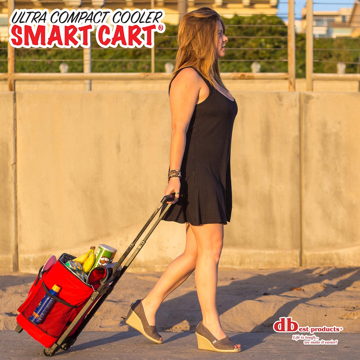 dbest products Ultra Compact Cooler Smart Cart, Red Insulated Collapsible Rolling Tailgate BBQ Beach Summer