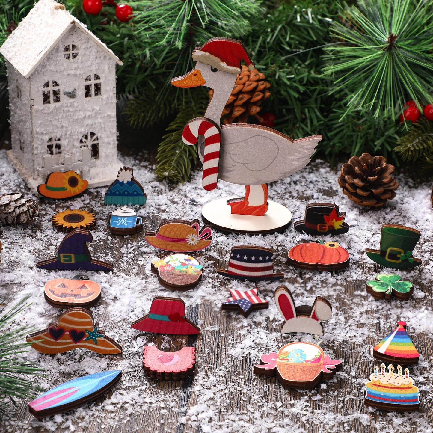 Amyhill 26 Pcs Holiday Interchangeable Desk Goose Decor Mini Wooden Seasonal DIY Goose Outfits with Magnetic All Season Table Centerpiece Signs for Table Desk Gift, 3.7 x 4.7 Inches
