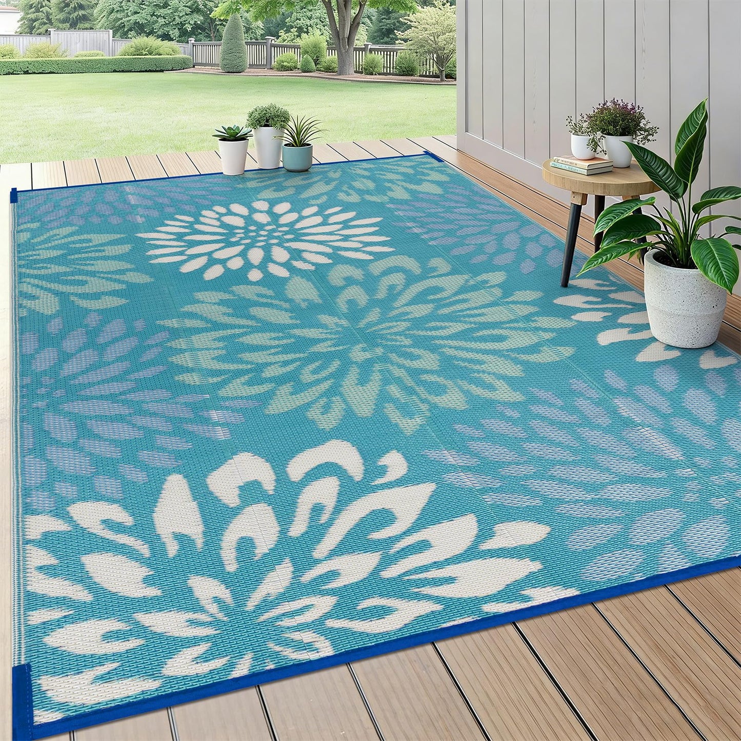 HEBE Waterproof Outdoor Rug 5x8 for Patios, Floral Reversible Plastic Straw Rug Patio Mat, Indoor Outdoor Carpet RV Mat Camping Rug for Deck, Camper, Porch, Balcony, Backyard, Picnic
