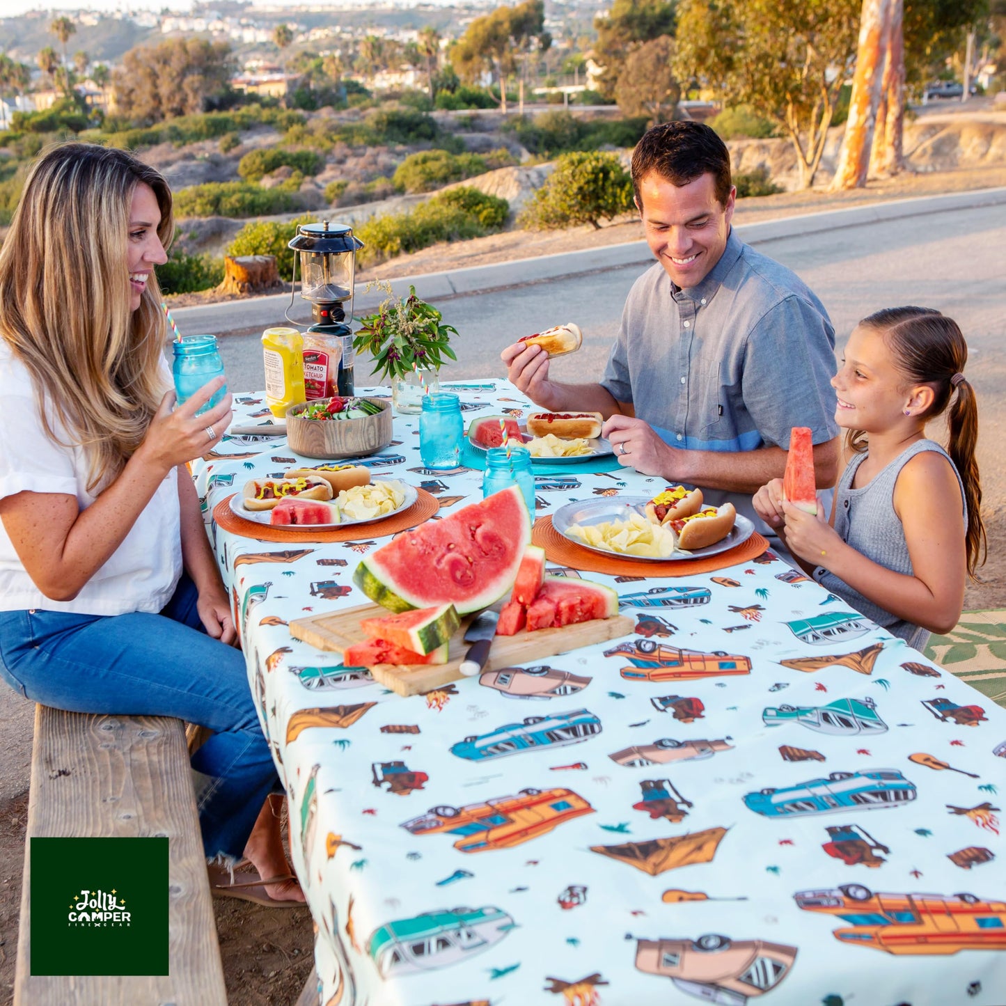 Jolly Camper Camping Tablecloth, Picnic Tablecloth, Fits 4ft to 8ft Picnic Tables, Polyester, Washable & Reusable, Spill & Stain Resistant, Water Repellent, Table Cloth for Picnic Table - Vintage RV