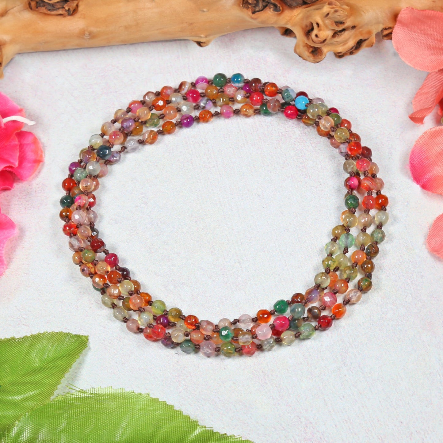 MGR MY GEMS ROCK! 36-inch 4MM Micro-cut Petite Natural Agate Multi-color Multi-strand Bracelet or Light Weight Mala Chakra Infinity Slip On Style Dainty Beaded Necklace for Women. agate-multi-color