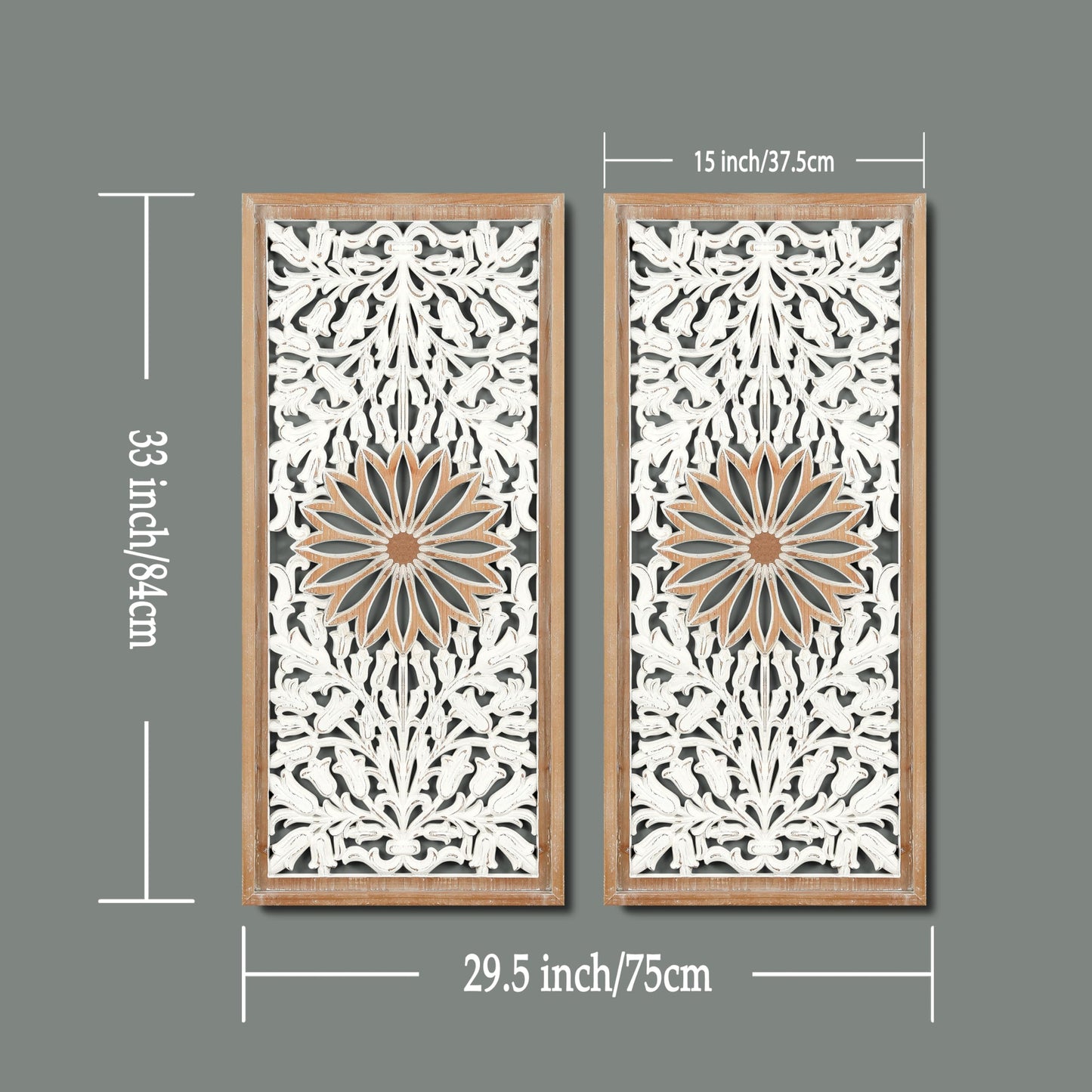 XIAOAIKA Boho Carved Wood Wall Art - Distressed Antique Floral Design Decorative Wall Panels, Large Wood Sculpture for Living Room, Bedroom, Entrance Hall (33 Inches, 2 Panels)