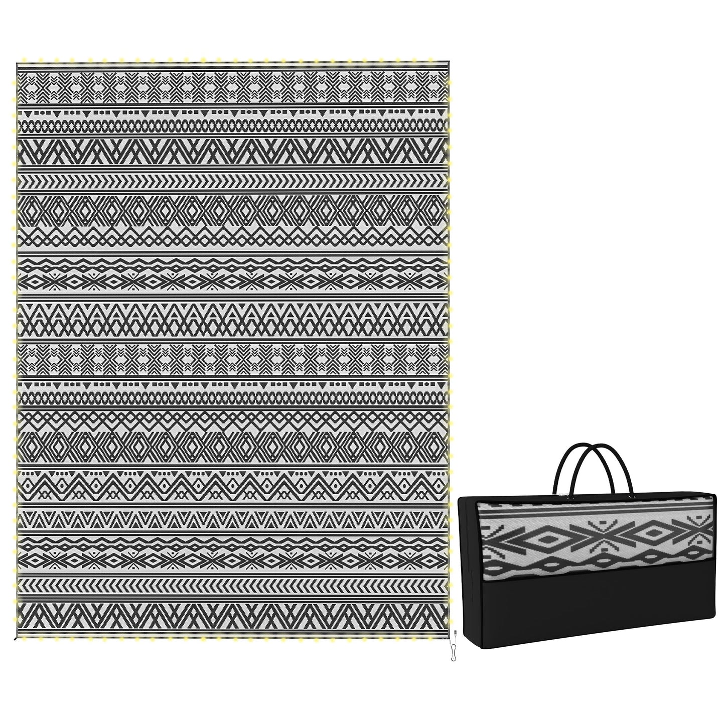 Outsunny Reversible Outdoor Rug Carpet with USB Lights, 12' x 9', Plastic Straw Rug, Patio Mat, Portable RV Camping Mat with Carry Bag