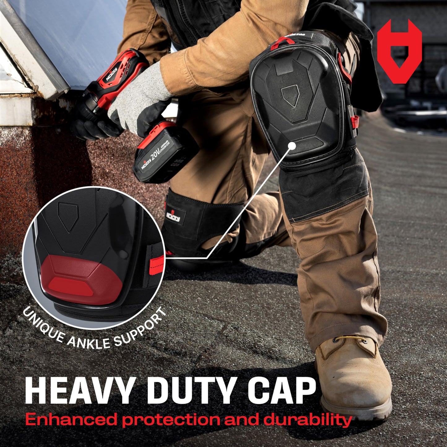 NoCry Professional Work Knee Pads for Men Construction with Ankle Support and Heavy Duty Anti-Slip Cap — Foam Cushion and Extra Thick Gel Padding — Reinforced Thigh & Shin Straps