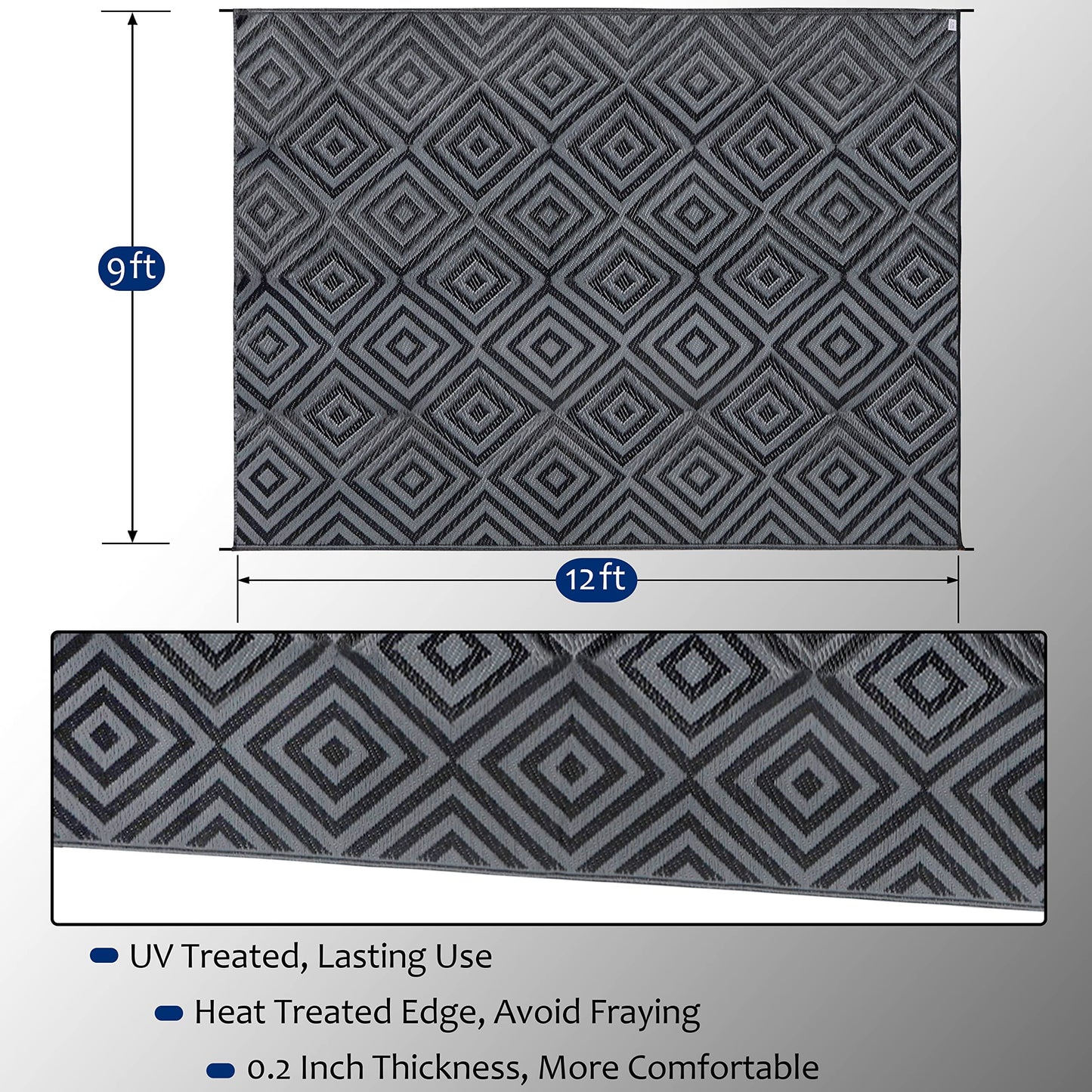 Ridota Reversible Mats, Patio Plastic Straw Modern Area Rug, Floor Mat for Outdoors, RV, Patio, Backyard, Deck, Picnic, Beach, Trailer, Camping (Diamond Black & Grey, 9' x 12')