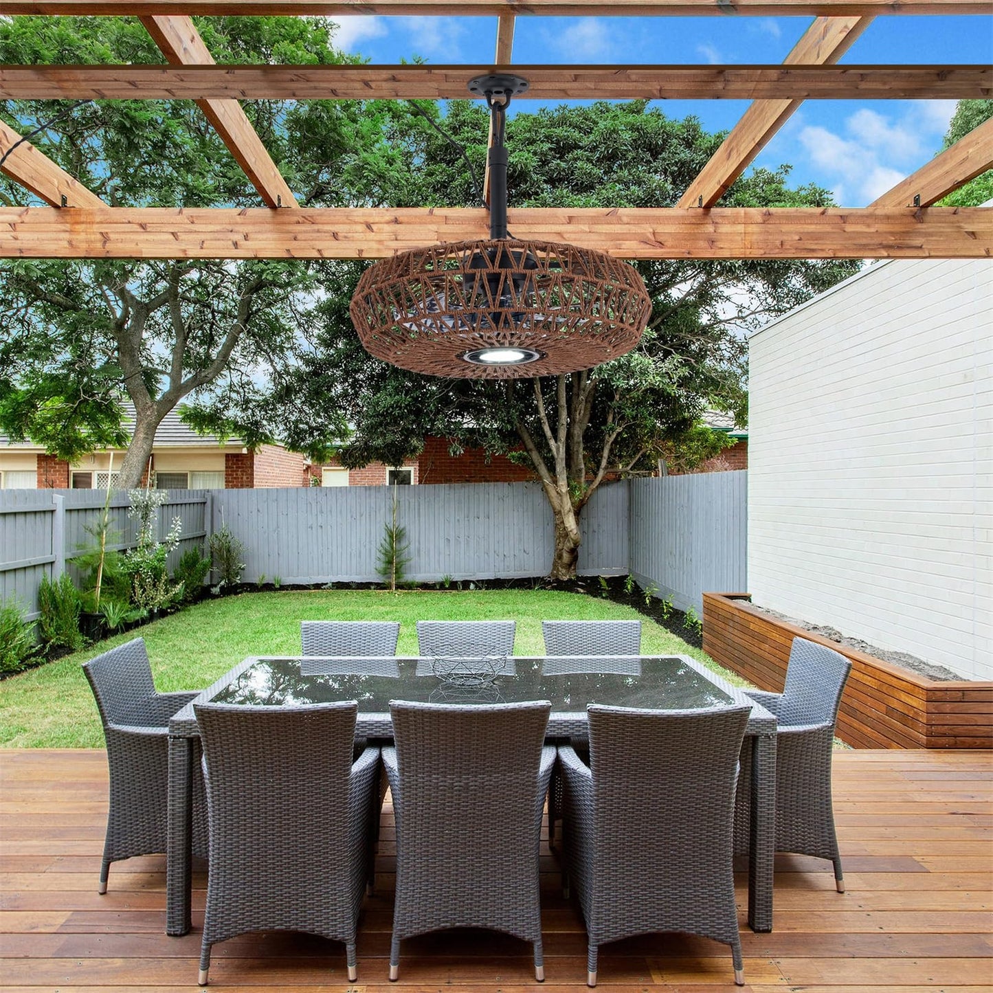 She's home 20'' Outdoor Gazebo Fan with Lights and Remote, Outside/Indoor Hanging Rattan Ceiling Fan, 3CCT Dimmable, 6-Speed DC Motor, Plug-in Wicker Woven Caged Ceiling Fans for Patio Porch Pergola