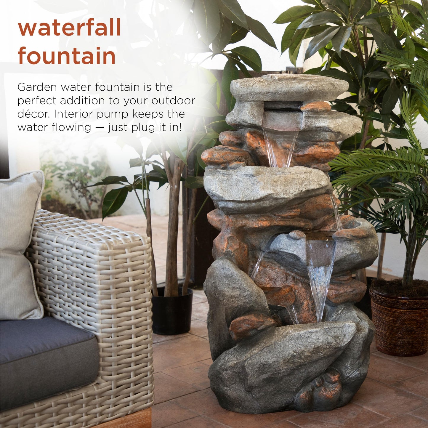 Alpine Corporation | 40" 4-Tier Rock Floor Fountain with Cascading Water & White LED Lights, Tranquil Outdoor Water Feature for Garden, Patio, Yard & Deck, Light Gray
