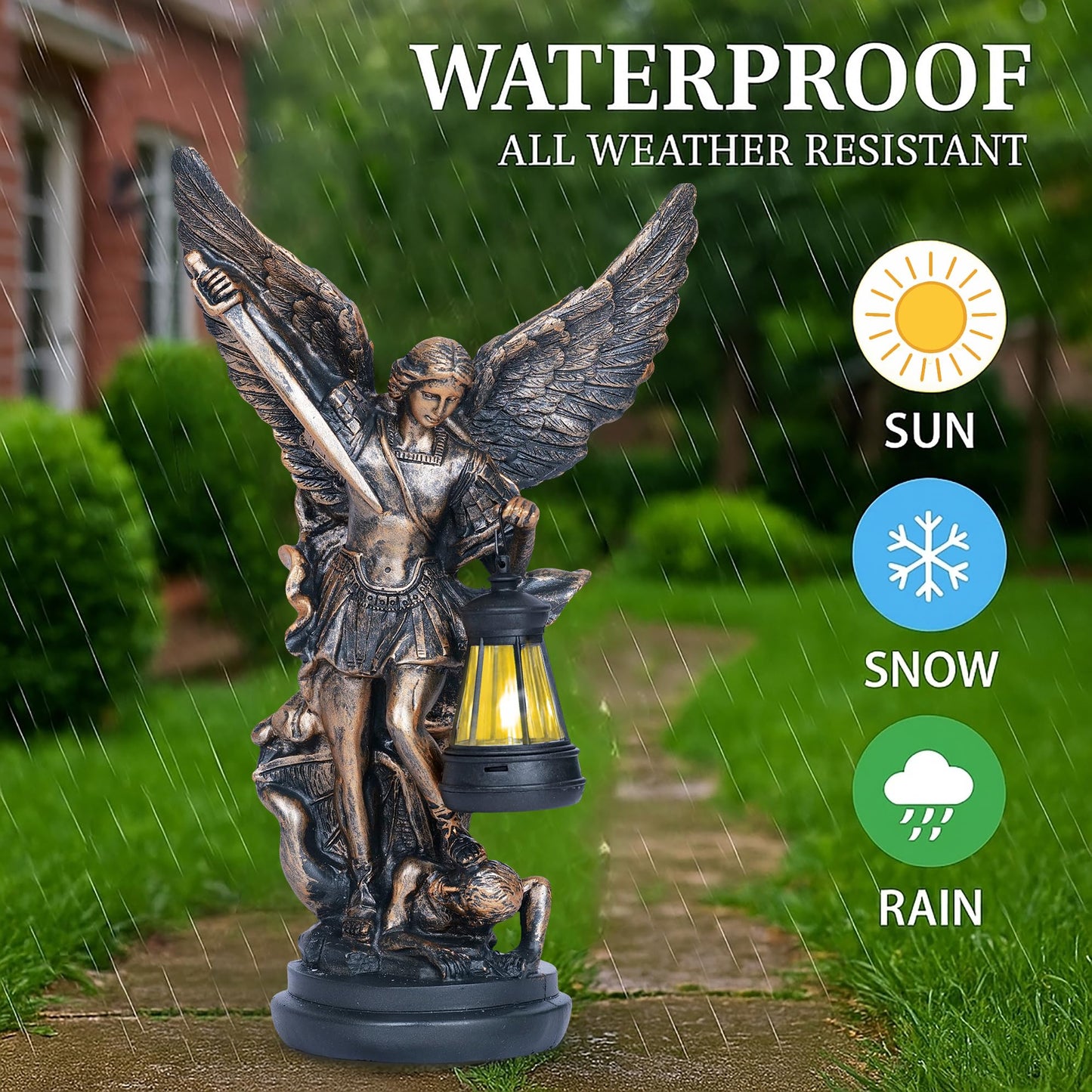 Dlfghos St Michael The Archangel Solar Outdoor Garden Decor Statues–12 in Miguel Arcangel Statue Solar Outdoor Sculptures for Outside Yard Patio Balcony Front Lawn Decor