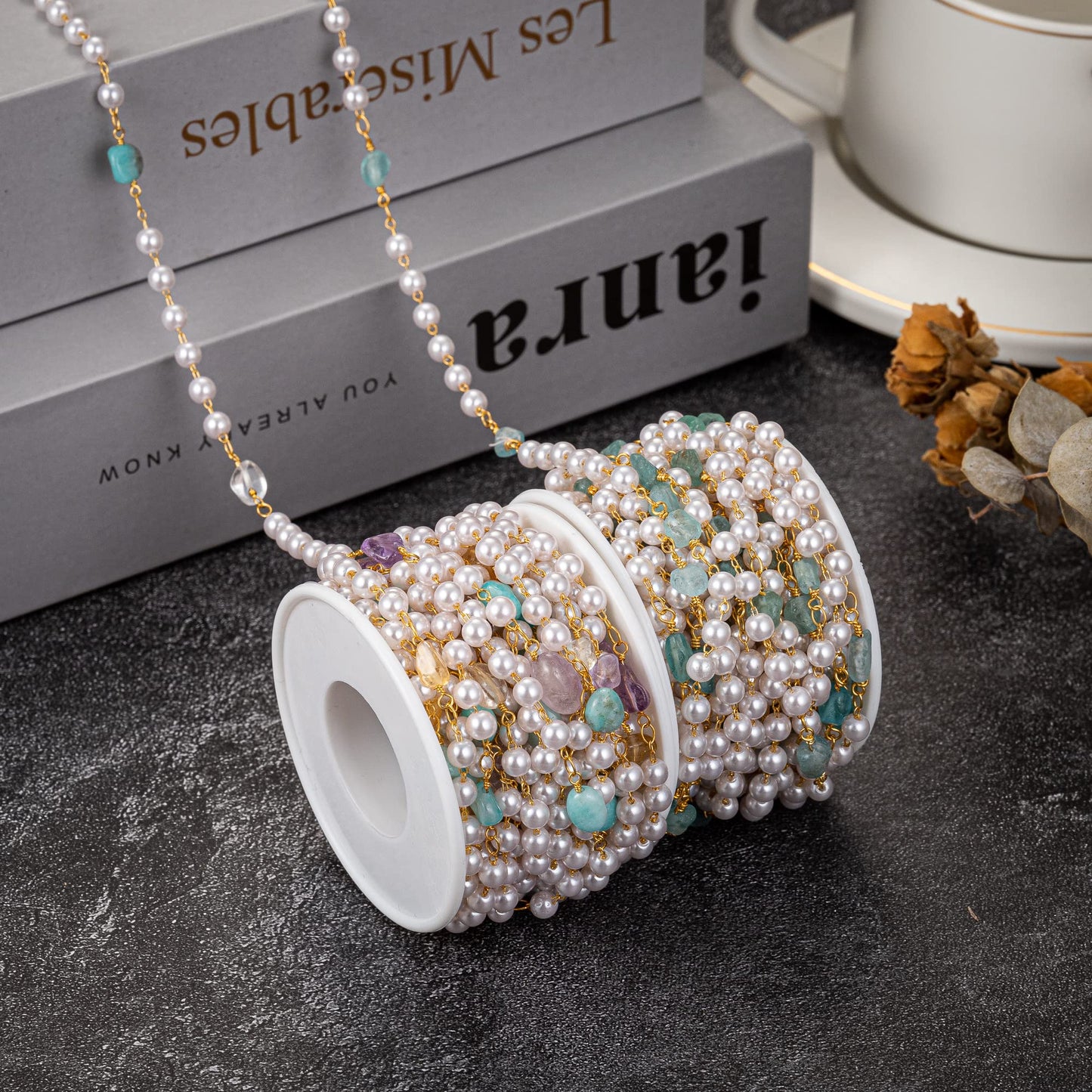 YoungJewl 2 Yards 5 mm Faux Pearl Crystal Stone Rosary Beads Garland with Brass Chain for Jewelry Making DIY Bracelet Necklace Sewing Crafts(Purple)