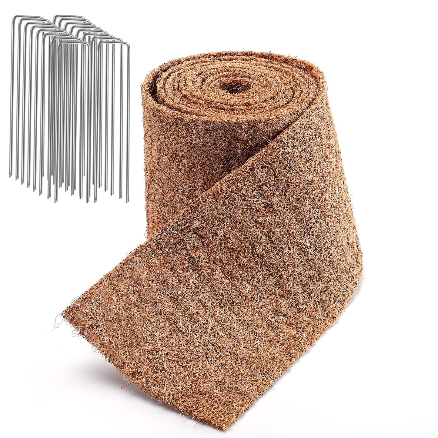 Natural Mulch Roll for Landscaping- 120" x 6.3" Weed Barrier Coconut Fiber Mat with 16 U-Shaped Steel Stakes, Thick Garden Border Edging for Plants, Flowers, Lawns, Vegetables