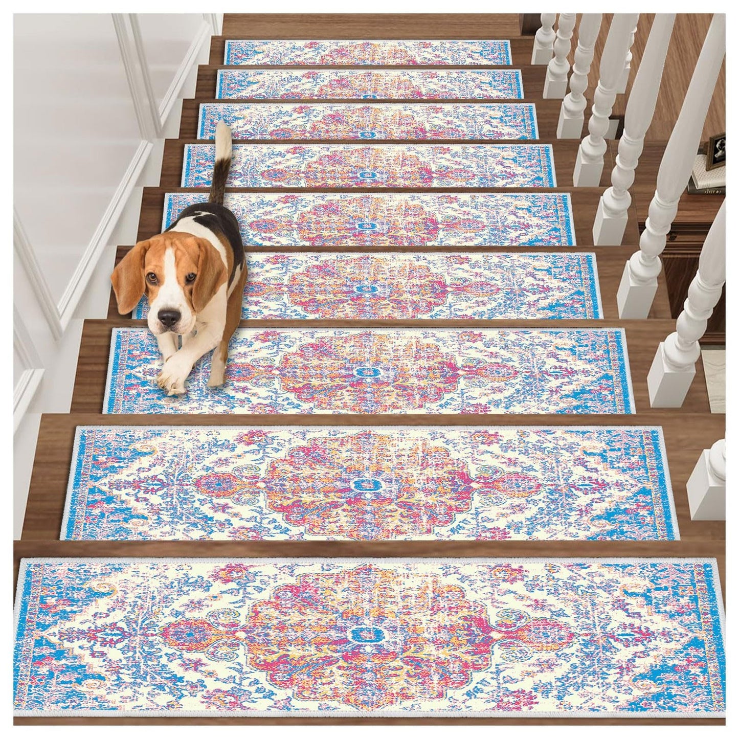 Non Slip Stair Treads Carpet Mat, 30in X 8in Indoor Stair Runners for Wooden Steps, Rubber Backing Edging Stair Rugs for Kids Elders and Pets(Blue/Beige,15PCS)