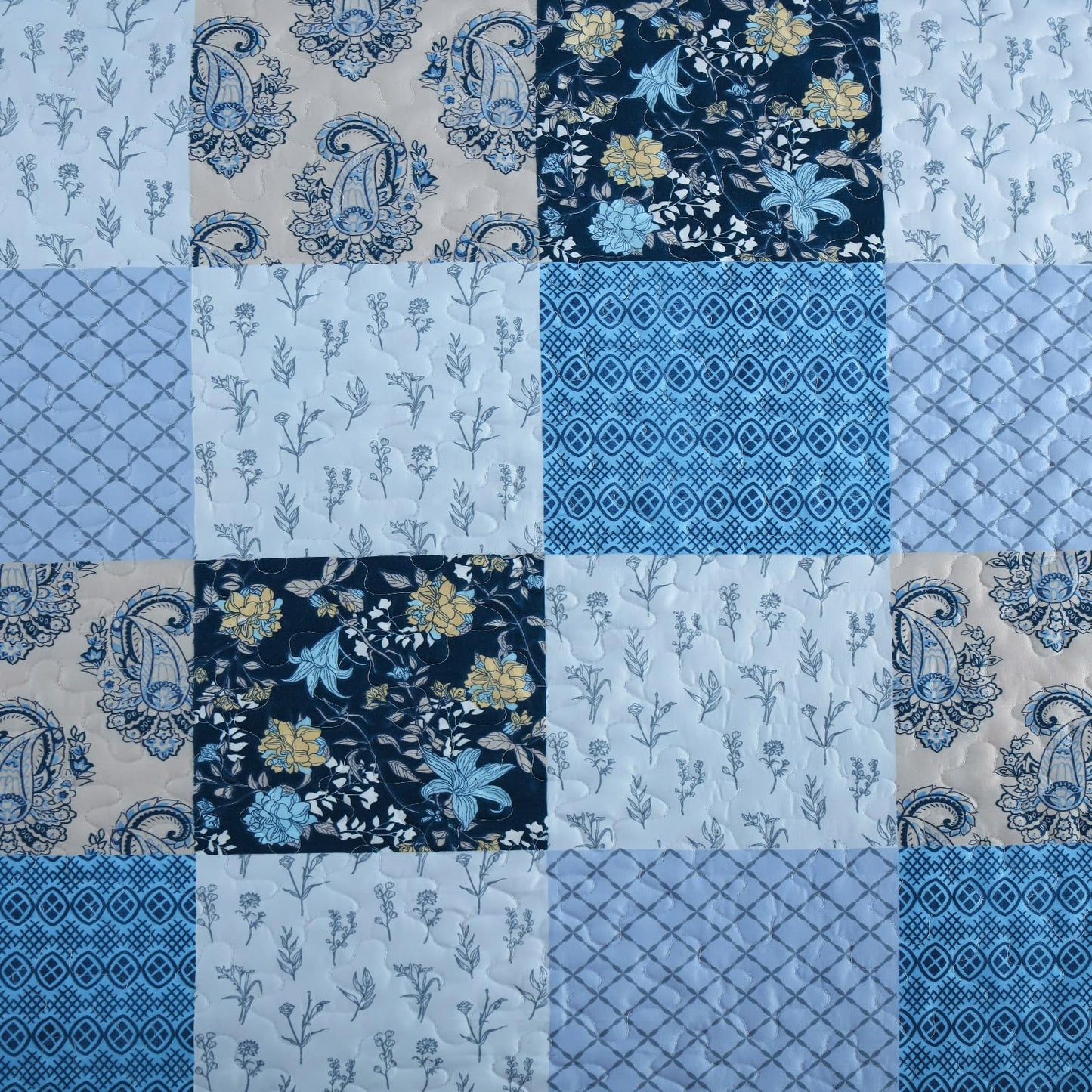 Xruibed Blue Quilt Set Queen Size 3 Pieces Plaid Floral Boho Bedspread Coverlet Set Patchwork Pattern Reversible Bedding Set Soft Microfiber Bedspread Set Queen for All Season(Queen 96"x90")