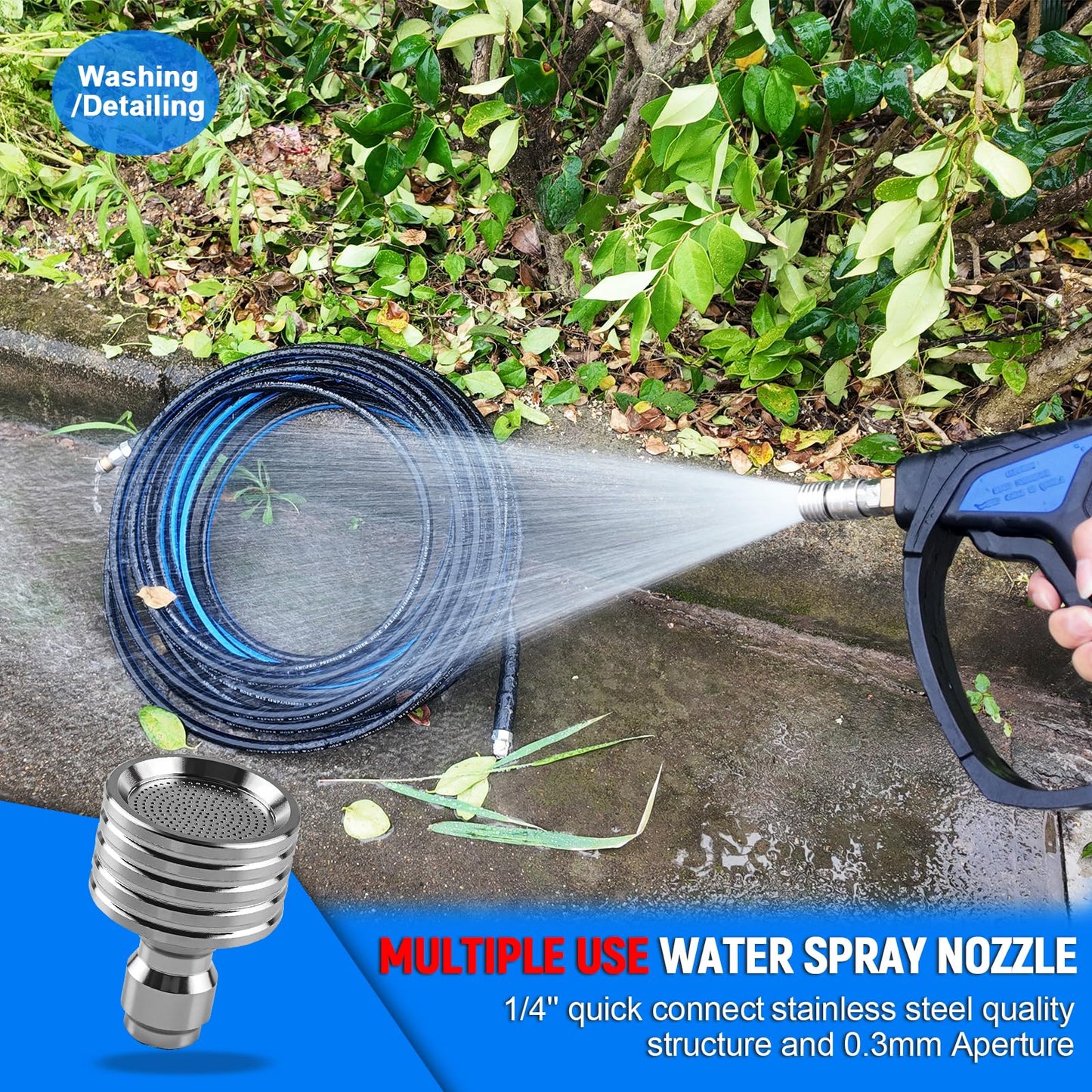 TUTULUCK Sewer Jetter Kit for Pressure Washer 50ft – 5800PSI Drain Jetter Hose 1/4 Inch NPT Corner with Watering Spray Nozzle, Rotating and Button Hose Sewer Jetting Nozzles & Easy-to-Store Strap