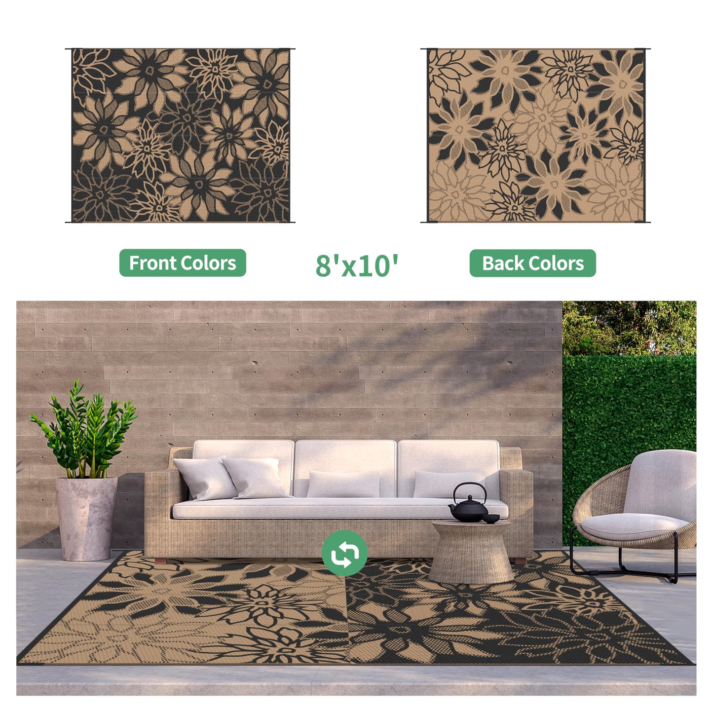GENIMO Outdoor Rug Waterproof for Patio Decor, 8' x 10' Reversible Plastic Straw Floral Camping Carpet, Large Area Rugs Mats for RV, Camper, Deck, Balcony, Porch, Beach, Picnic, Black & Brown