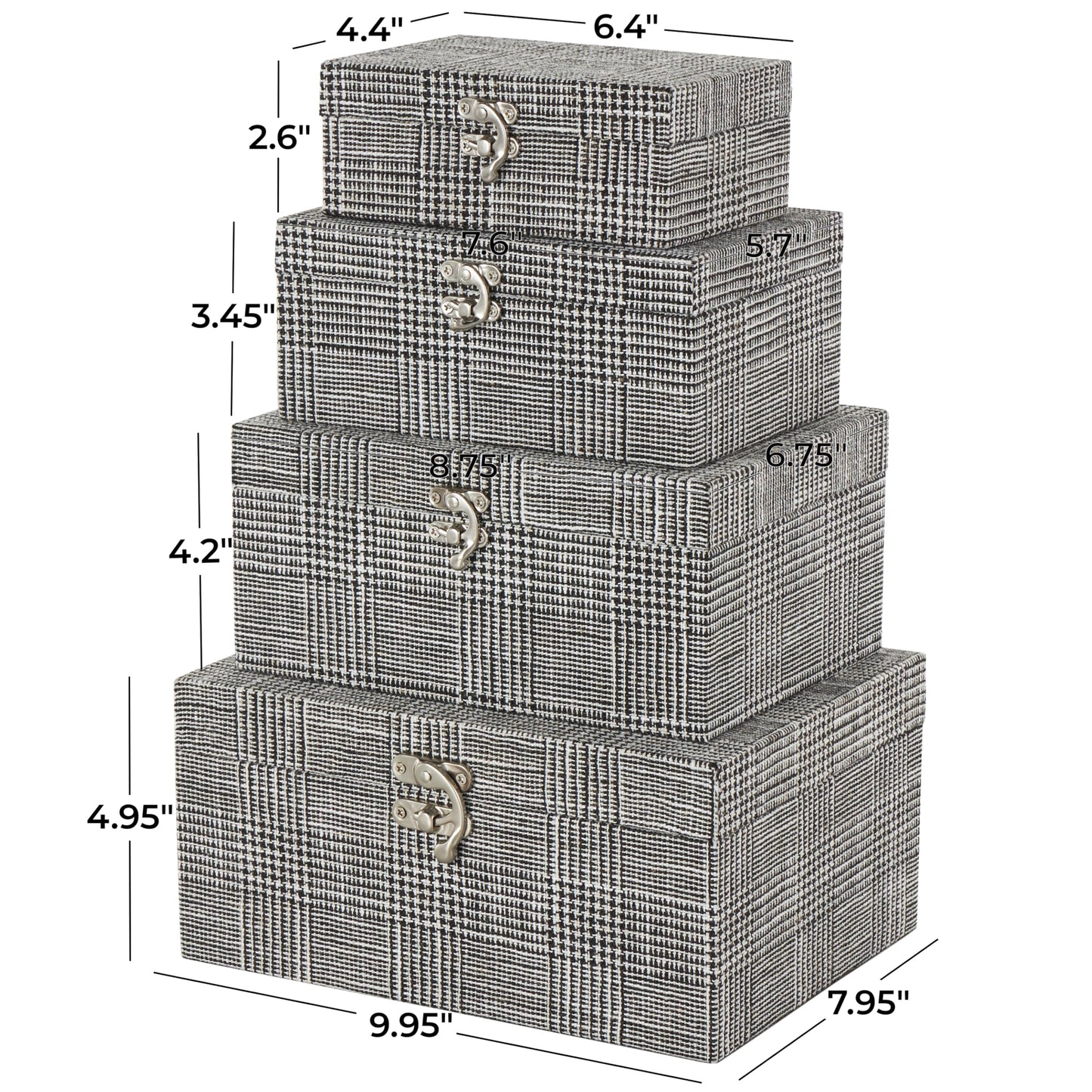 Deco 79 Fabric Handmade Decorative Box Storage Book Shaped Boxes with Silver Latches, Set of 4 Decorative Keepsake Boxes 10", 9", 8", 6" H, Black