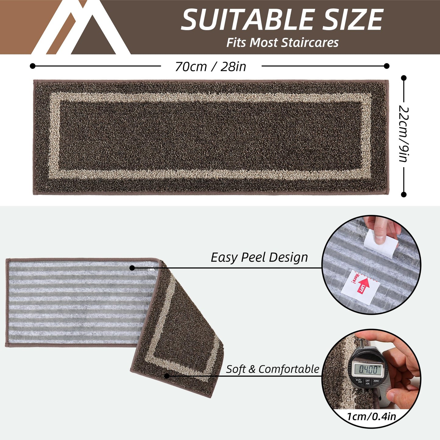 COSY HOMEER Soft Stair Treads Non-Slip Carpet Mat 28inX9in Indoor Stair Runners for Wooden Steps,Stair Rugs for Kids and Dogs, 100% Polyester TPE Backing 10pcs,Brown