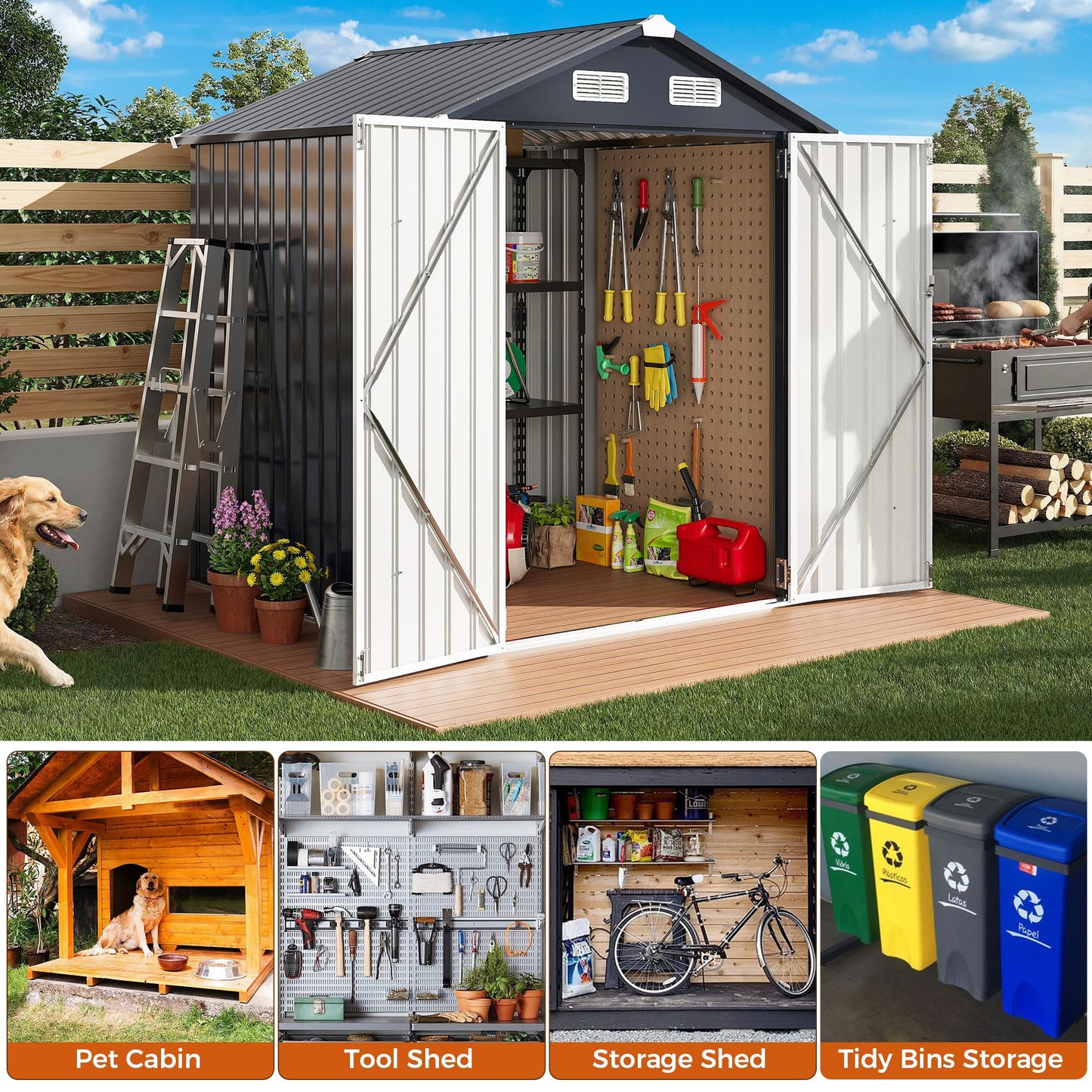IRONCK 5.7x5.7FT Storage Shed, Outdoor Tool Shed with Lockable Doors and Breathable Vent, Outside Metal Garden Storage for Poolside, Backyard, Patio, Dark Blue