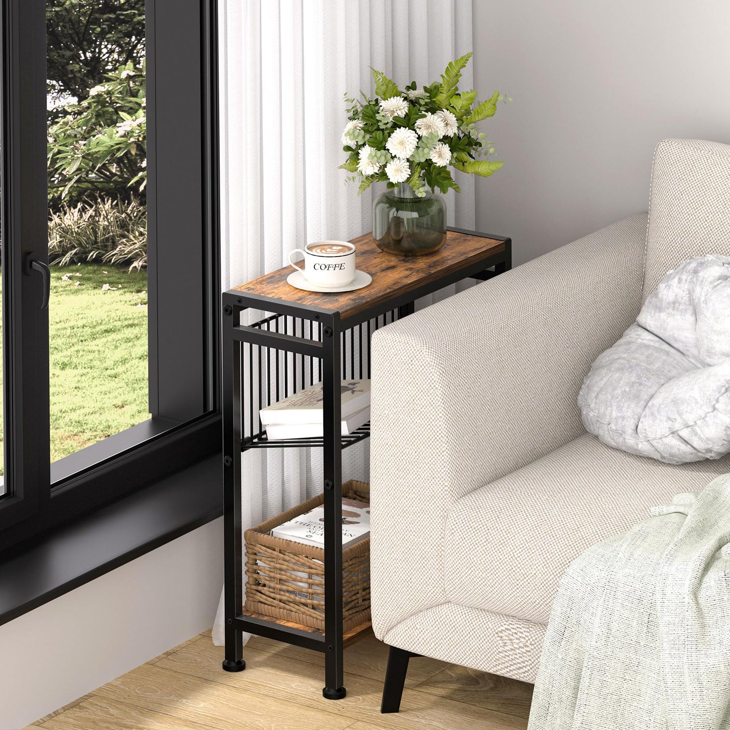 Homedawn Small Side Table for Small Space, 3-Tier Narrow End Table with Magazine Holder,Slim Nightstand, Skinny Snack Couch Table in Living Room, Bedroom Study and Balcony (Rustic Brown &Black)