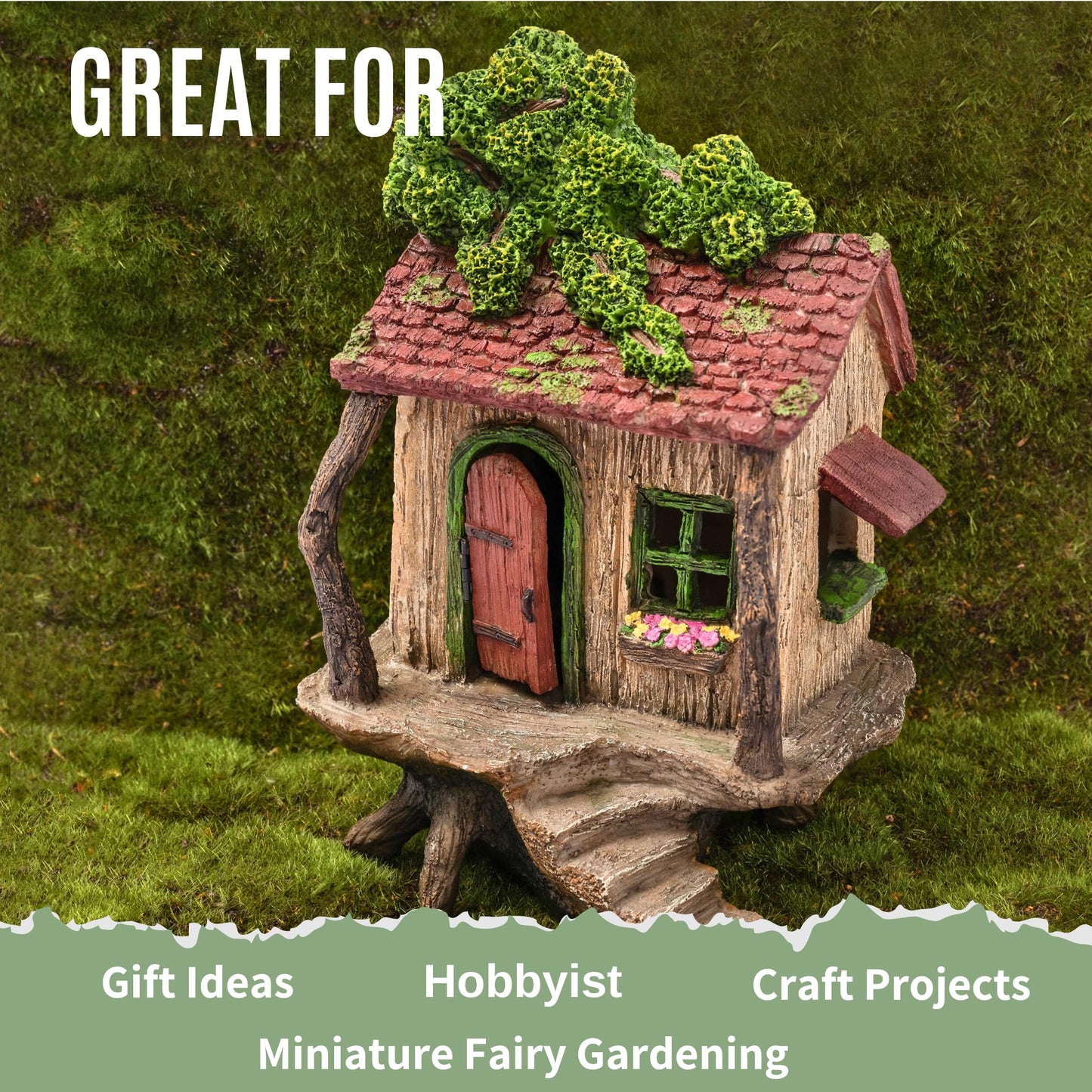 PRETMANNS Fairy Garden House – Fairy House for Outside – 9” High Treehouse with Door that Opens – Sturdy Fairy Garden Building – Lovely Miniature Garden Accessories Supplies