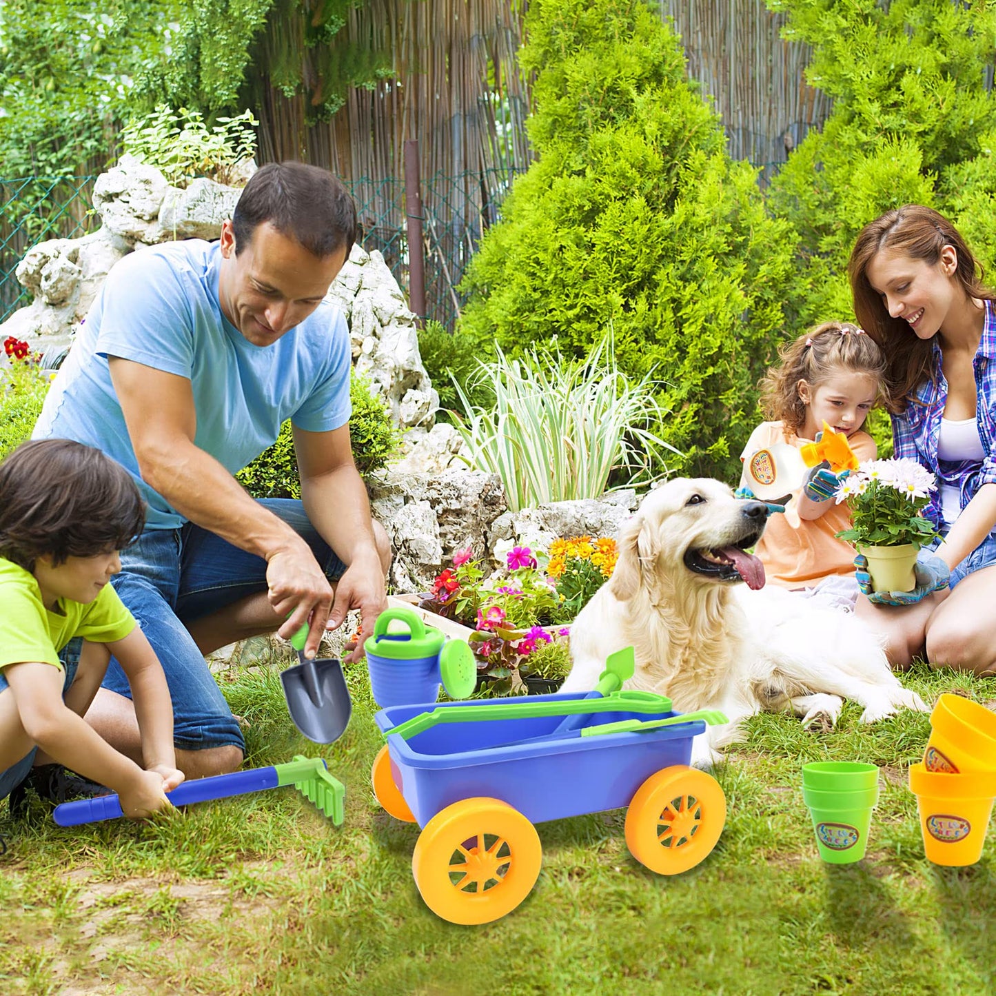 deAO Kids Garden Wagon Wheelbarrow and Gardening Tools Play Set Includes 10 Accessories and 4 Plant Pots,Great Outdoor Toddler Toys Kids Gardening Set