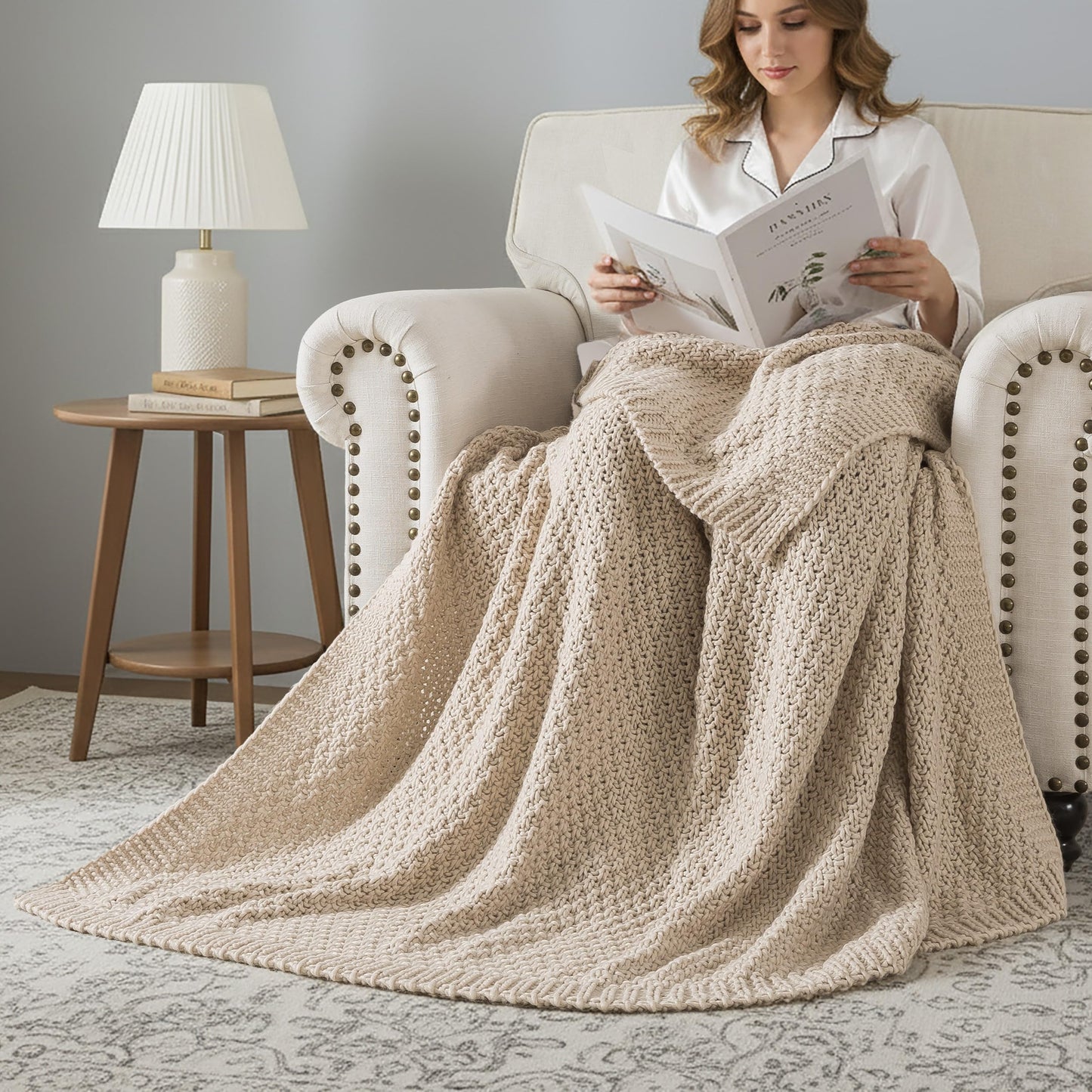 WDCOZY Chunky Cable Knit Throw Blanket Super Soft Warm Knitted Throw Blanket for Couch, Sofa, Chair, Bed Lightweight Breathable Cozy Comfortable Home Decorative Camel Tan Beige 50x60 Inches