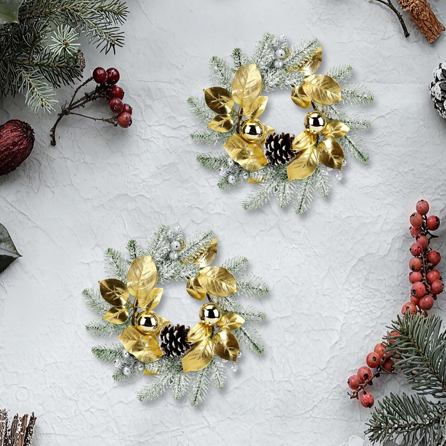 Christmas Candle Rings Wreath,8in Small Wreaths for Kitchen Cabinet with Balls,Pine Cones,Pine Needles and Berries for Home Christmas Table Centerpiece Decorations (6, Gold)