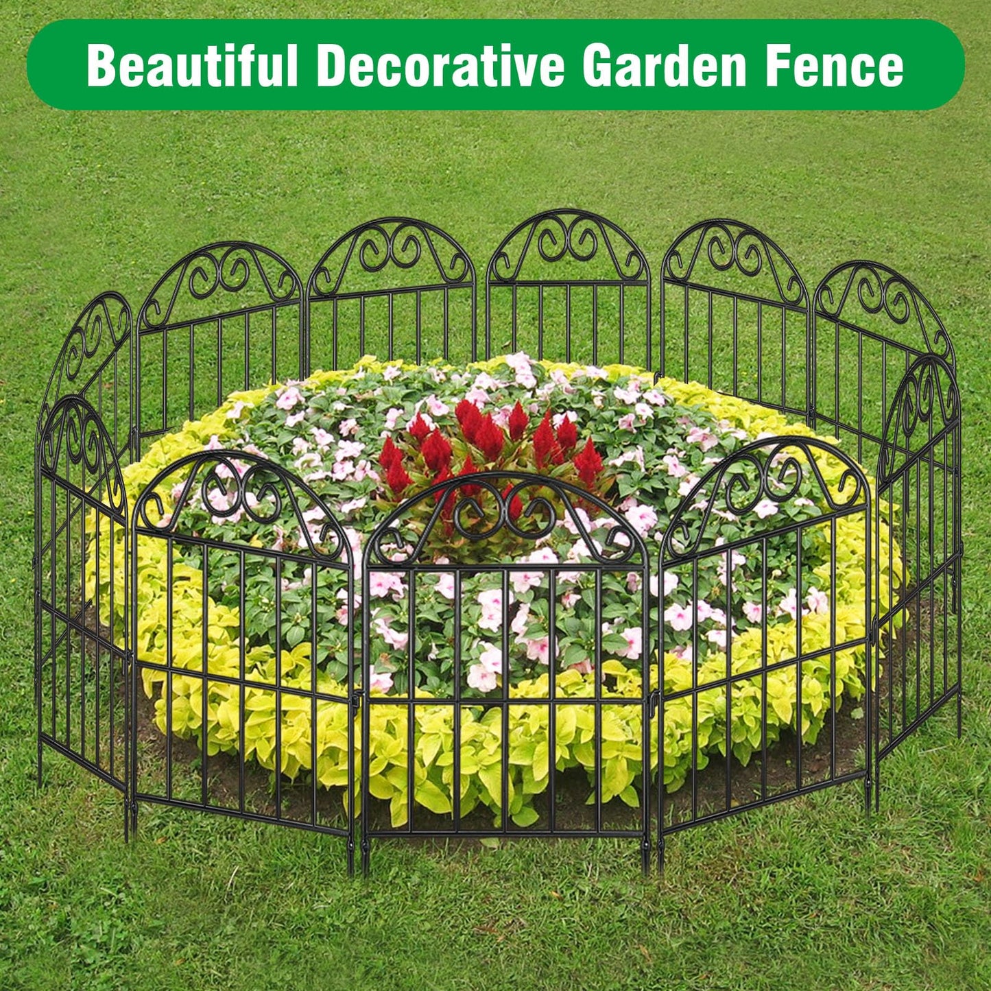 ADAVIN 20 Panels Collapsible Garden Fence Animal Barrier, 20 Ft(L) x 24 in(H) Black Rustproof Metal Wire Panel Border for Dogs Rabbits, Flower Edging for Landscape Patio Yard Outdoor Decor, Arched