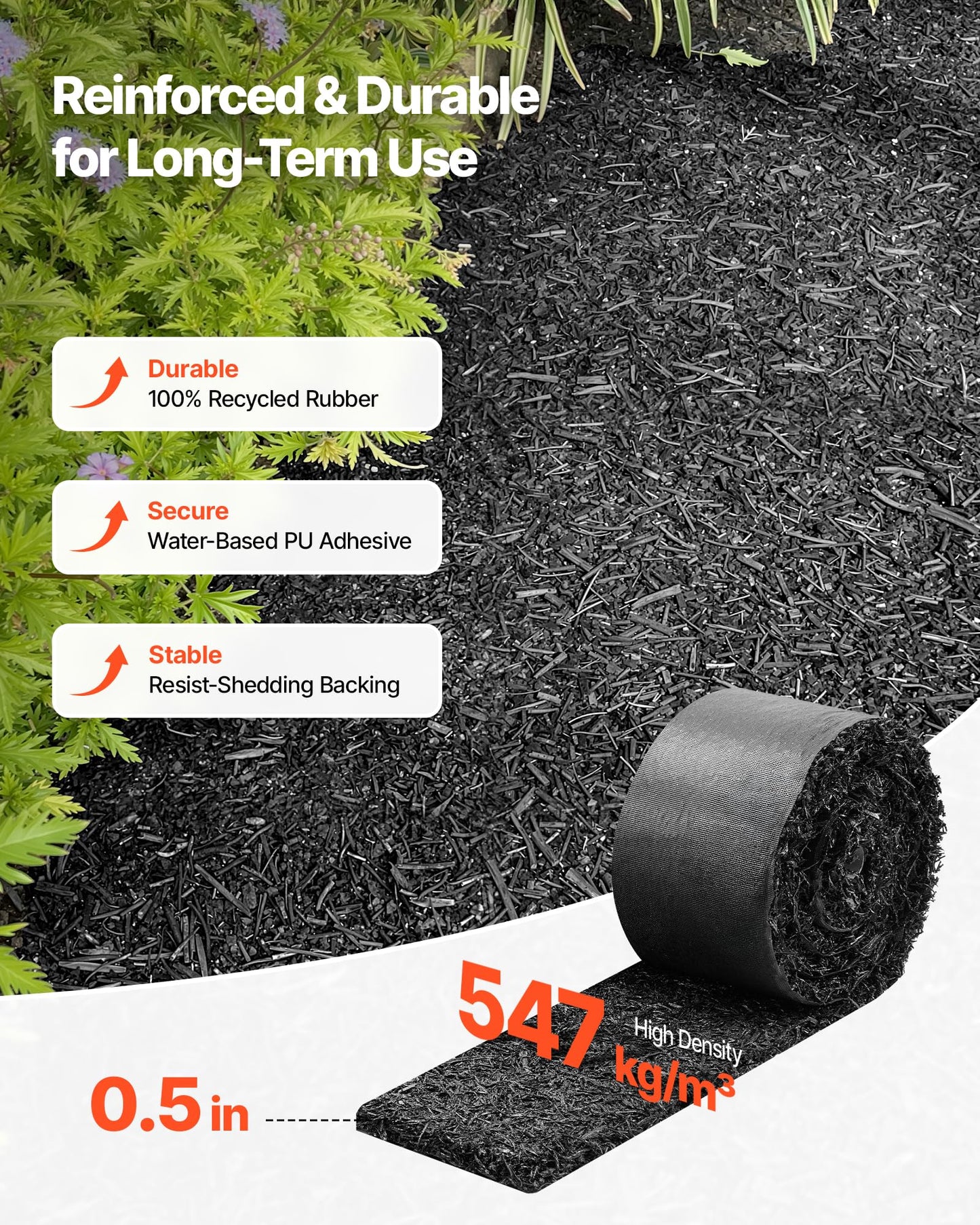 VEVOR Rubber Mulch Mat Roll, 4 Rolls 120 x 4.5 in, Recycled Rubber Permanent Mulch Edging Border, Natural-Looking Flower Barrier with Stakes, 0.5 in Thick Cuttable Garden Edgings for Landscaping