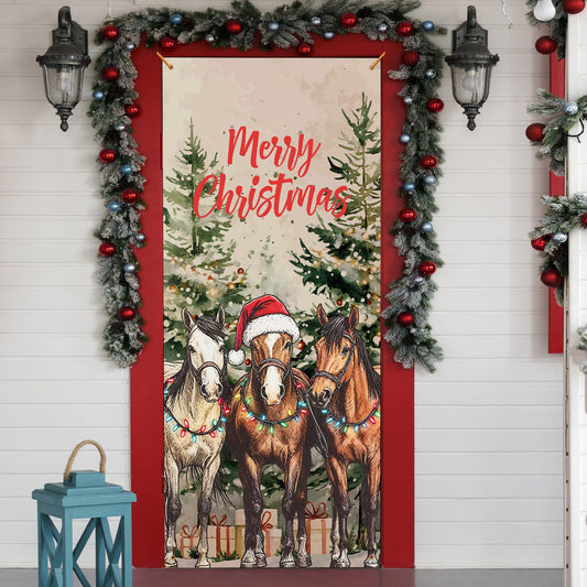 MKIJUHB Horse Christmas Door Cover, Funny Santa Horse Xmas Farmhouse Decoration Doorway Door Curtains Banners Backdrop Background Decor for Indoor Outdoor, Christmas Party Decorations, 35 * 79 Inch