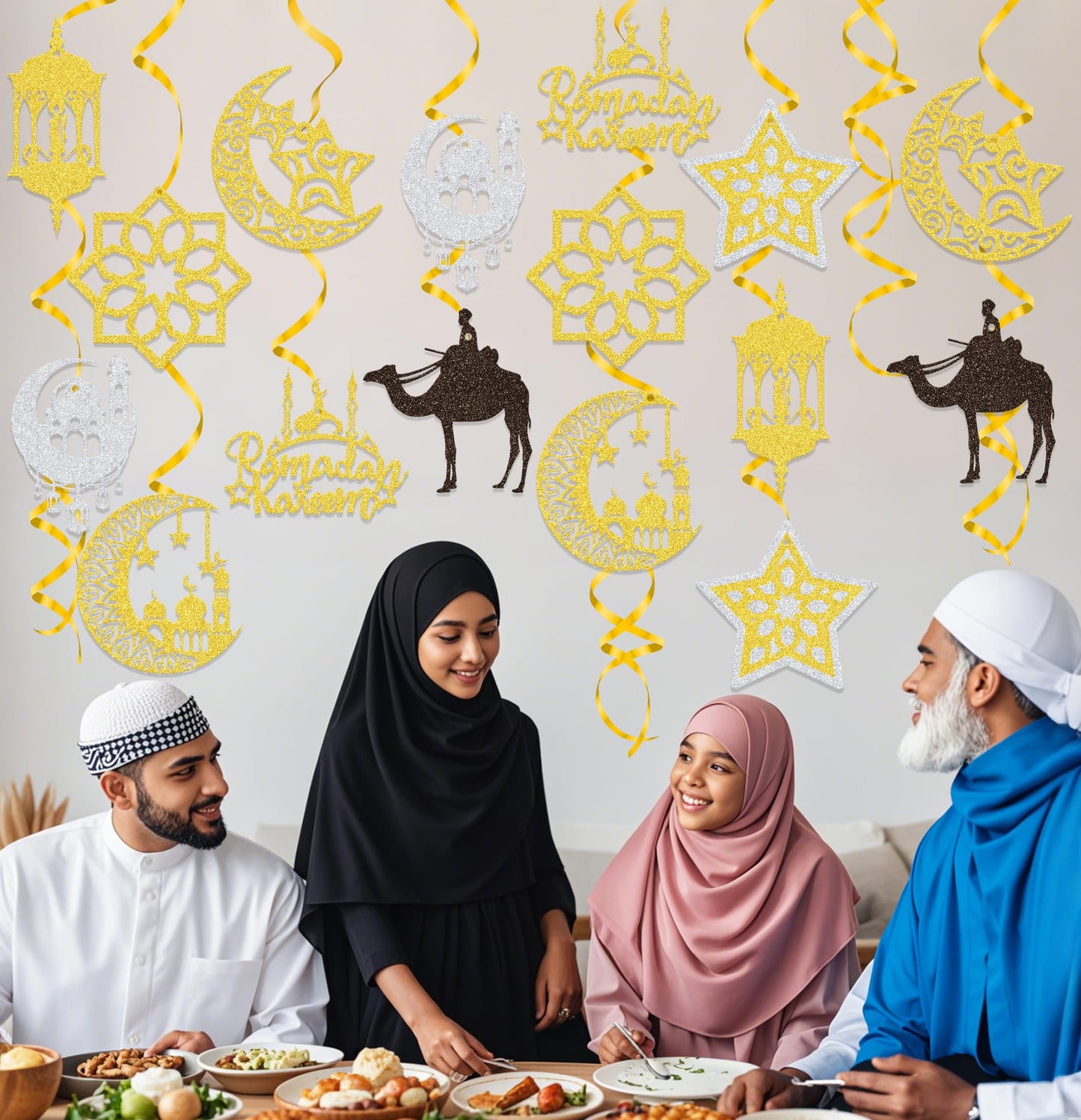 38PCS Ramadan Mubarak Decorations Umrah Mubarak Hang Swirl Star Moon Lantern Decor Sign for Eid Festival Muslim Islam Party Decoration Supplies
