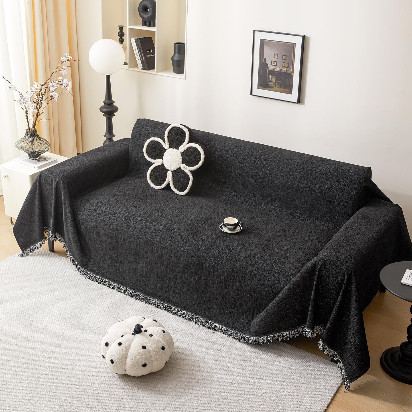 MEETSKY Couch Cover for 3 Cushion Sofa, Pet Friendly with Tassel Edge, Modern Washable Slipcover for Dogs & Cats, Universal Sofa Throw Cover, 71"x150", Black