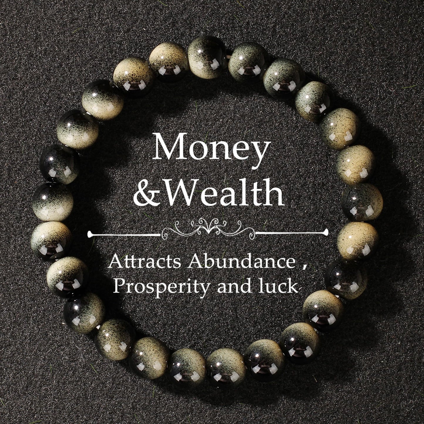 Cryhand Female 8mm Beaded Bracelets For Women Simulated Slivery Black Obsidian Bracelet for Men Handmade Lucky Money Stretchy Crystal Bracelets Best Gifts