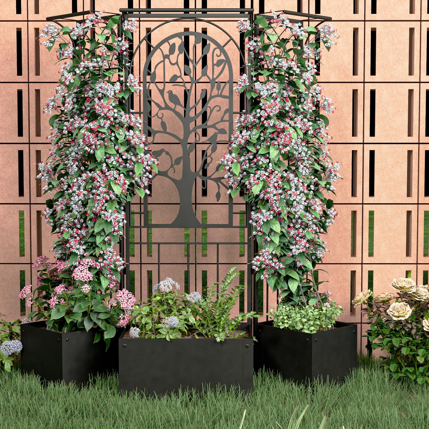 Athuiline Metal Planter Box with Trellis, Raised Garden Bed with Trellis Privacy Screen, 62 inch Tall Planter Boxes for Climbing Plants, Flowers, Vegetables, Fruits, Balcony and Patio Decor (Black)