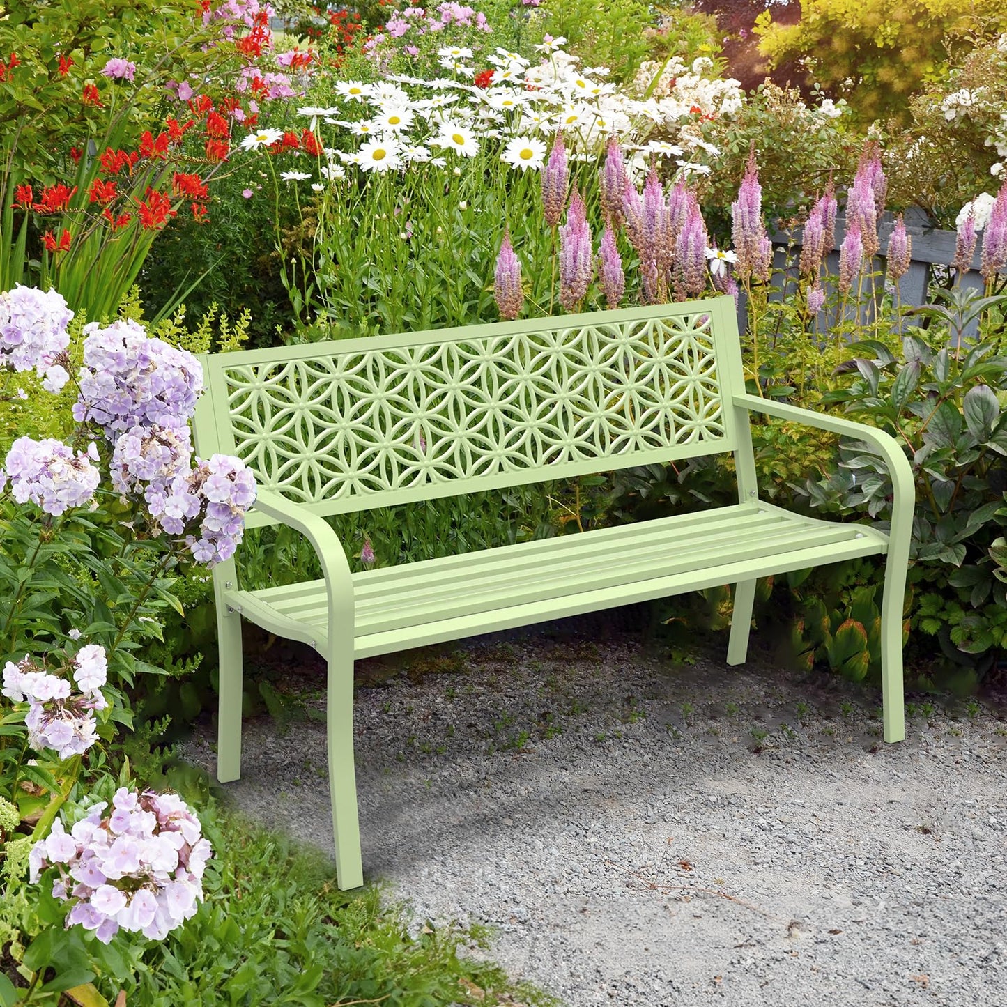 VINGLI 50" Outdoor Bench Metal with Floral Back, Garden Bench Front Porch Bench for Yard Patio Entryway Park Outside, 800lb Capacity - Green