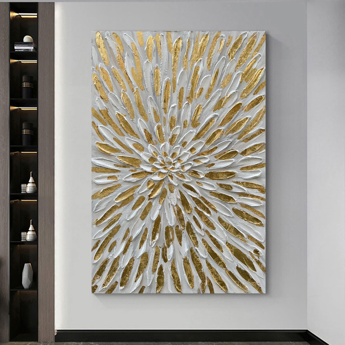 Diathou Art Hand-Painted Gold Texture Oil Painting White Flowers Modern Abstract Art Painting 45x30 inch Home Wall Decorative Art