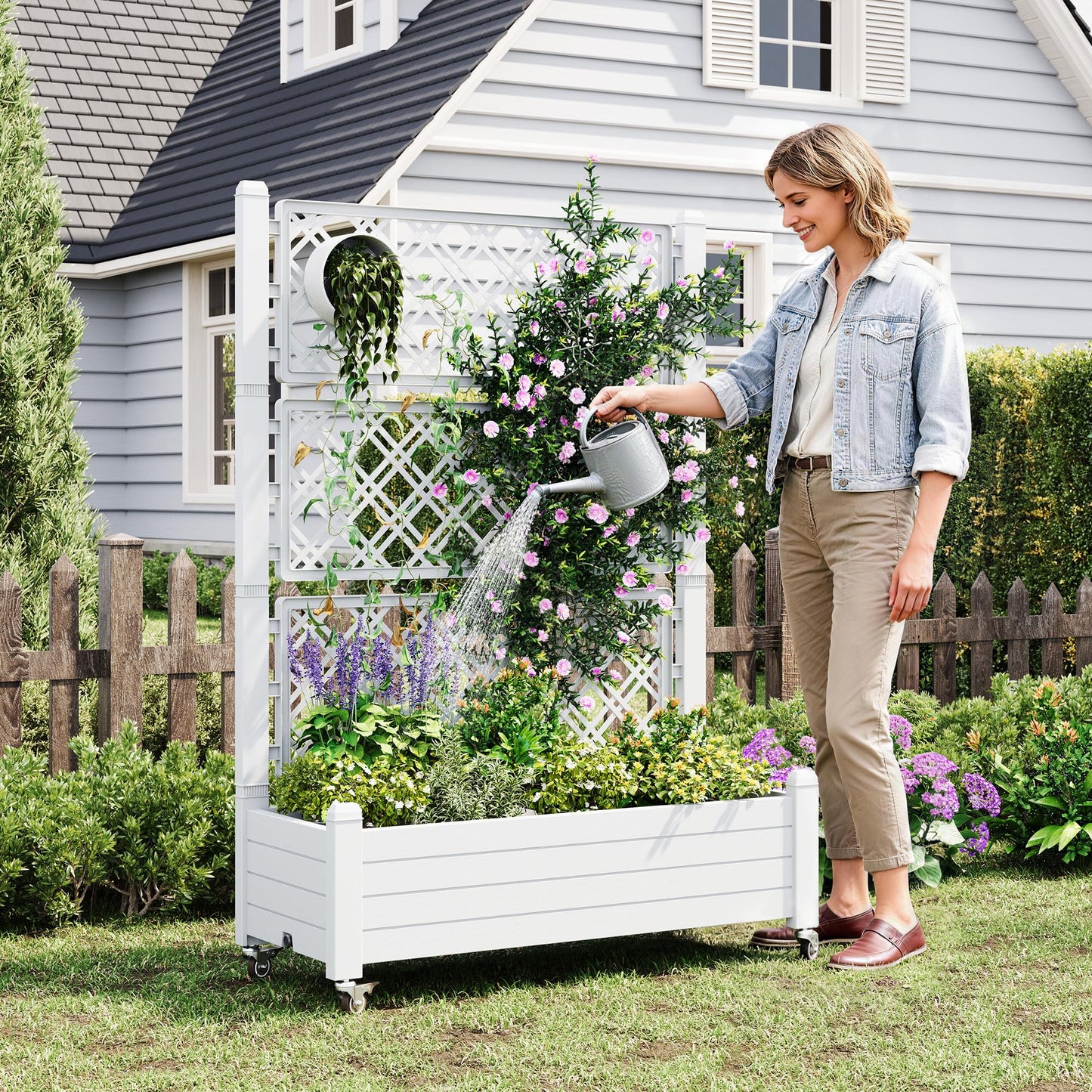 WTFGO Resin Raised Garden Bed with Trellis and Wheels, Planter Box with Trellis Outdoor, Raised Planter with Trellis with Drainage Holes & Water Monitor for Climbing Plants, Ashen(61.2" H)