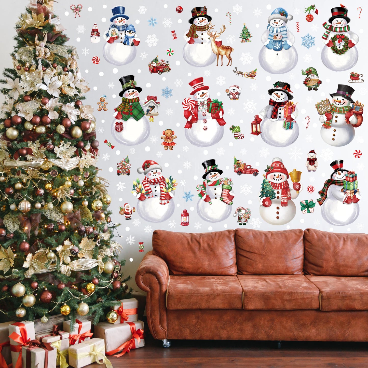 12 Sheets Christmas Snowman Wall Stickers Decorations, Xmas Wall Decals Holiday Snowman Snowflakes Floor Wall Vinyl Stickers for Living Room Bedroom Home Office Decor
