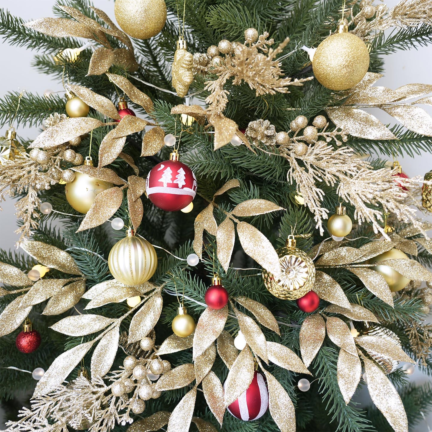 Winlyn 24 Pcs Christmas Glitter Artificial Leaf Picks Pine Needles Pinecone Berries Stems Champagne Glittered Christmas Tree Sprays for Holiday Floral Arrangements Centerpiece DIY Wreaths Garlands
