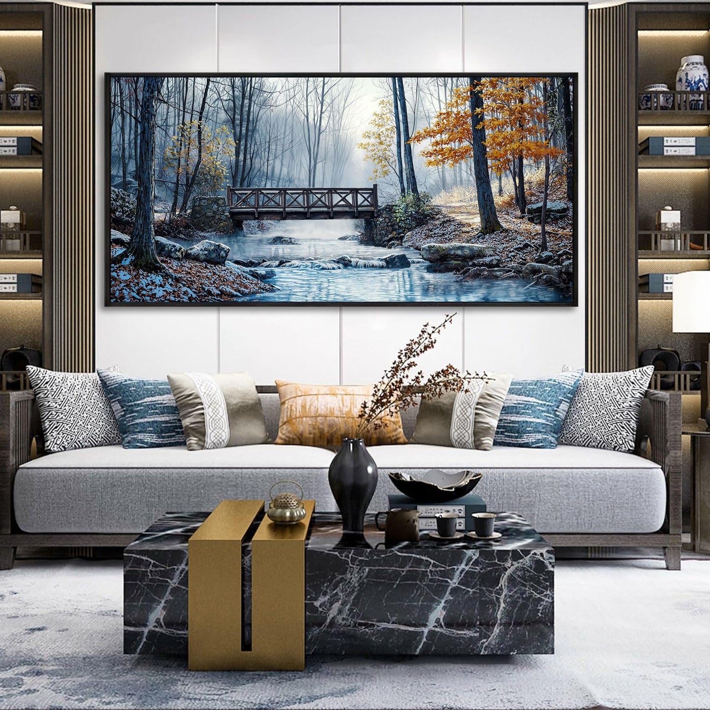 yiijeah Large Living Room Wall Art - Modern Wall Decor for Bedroom Office Decor Mountain Forest Landscapes Village Bridge Painting Framed Canvas Prints Ready to Hang Pictures Home Decor