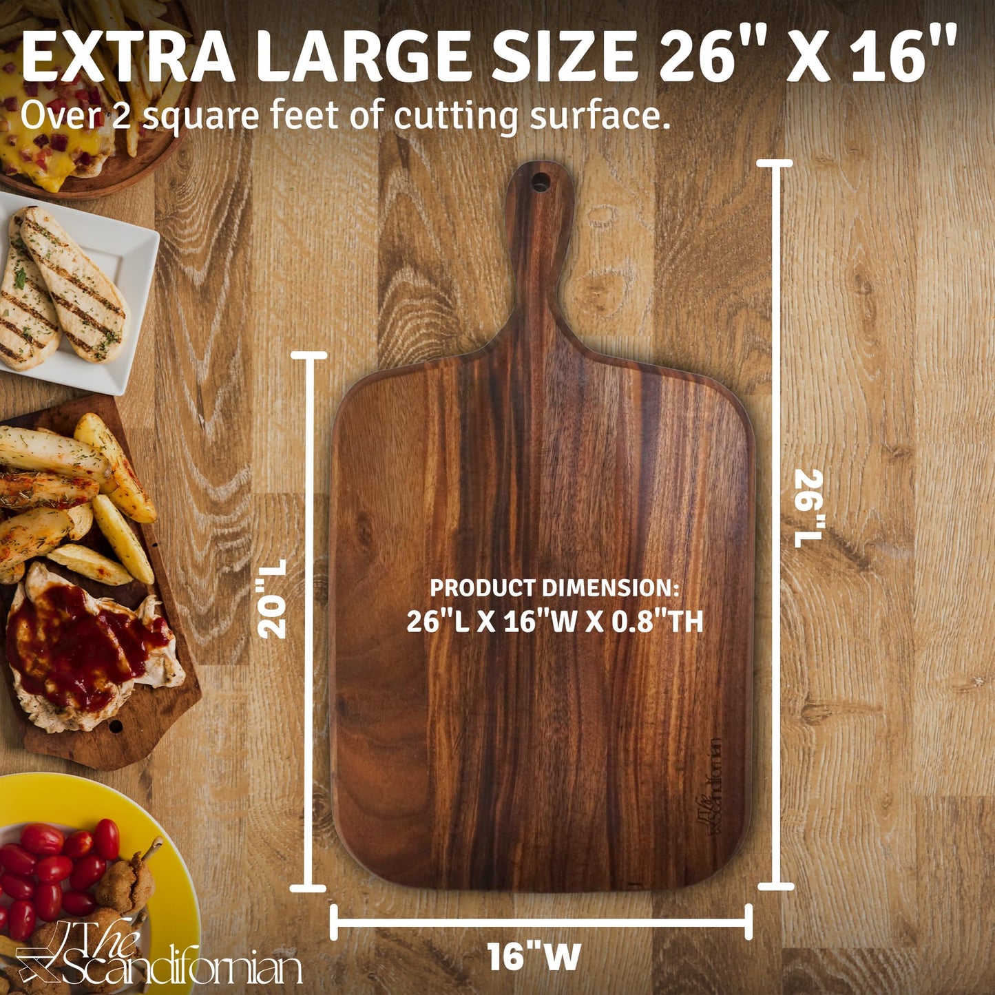The Scandifornian Walnut Wood Cutting Board | Jumbo Extra Large Size 26" x 16", Paddle Shape with Handle | Premium Elegant Handcrafted | Perfect for Entertaining