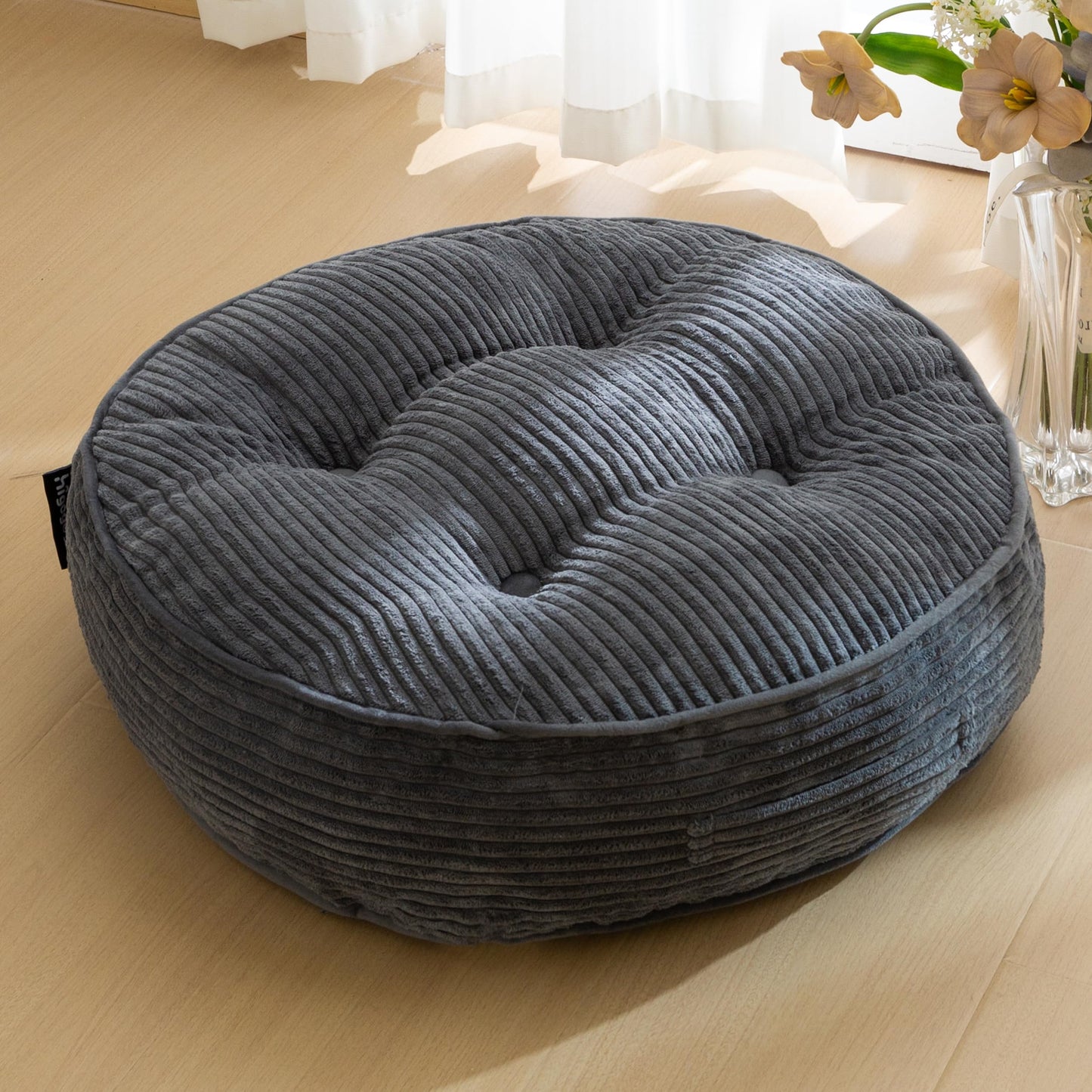 HIGOGOGO 6" Extra Thick Floor Pillow Cushion for Adults, Meditation Cushion Pillow, Large Round Floor Sitting, Tufted Corduroy Cover, for Tatami Living Room or Yoga, 22x22 Inch, Dark Grey